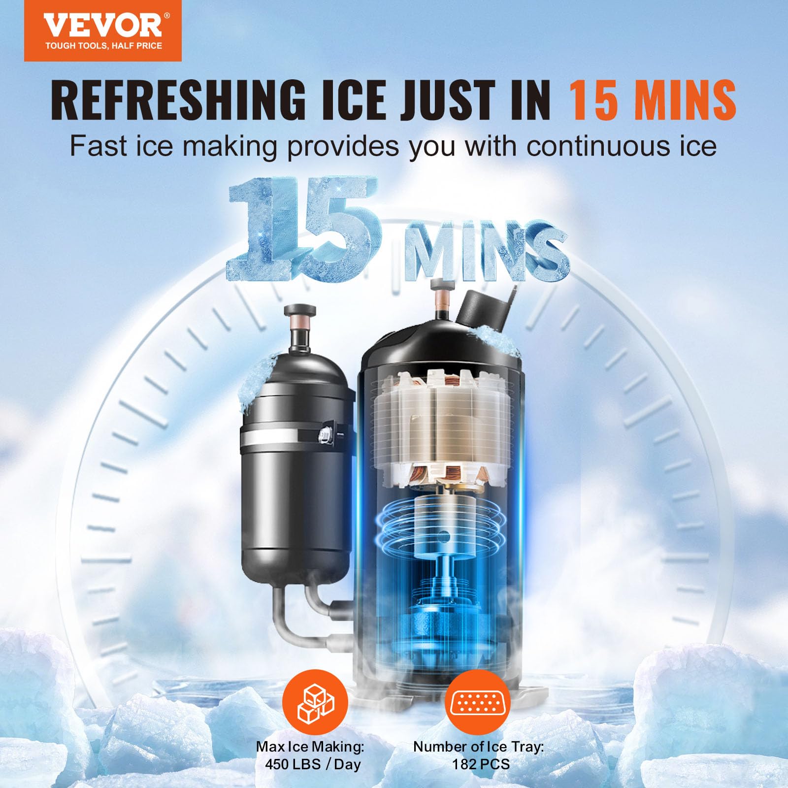 VEVOR Commercial Ice Maker Machine 450LBS/24H with 300LBS Storage Bin, 1000W Self-Cleaning Ice Machine with 3.5