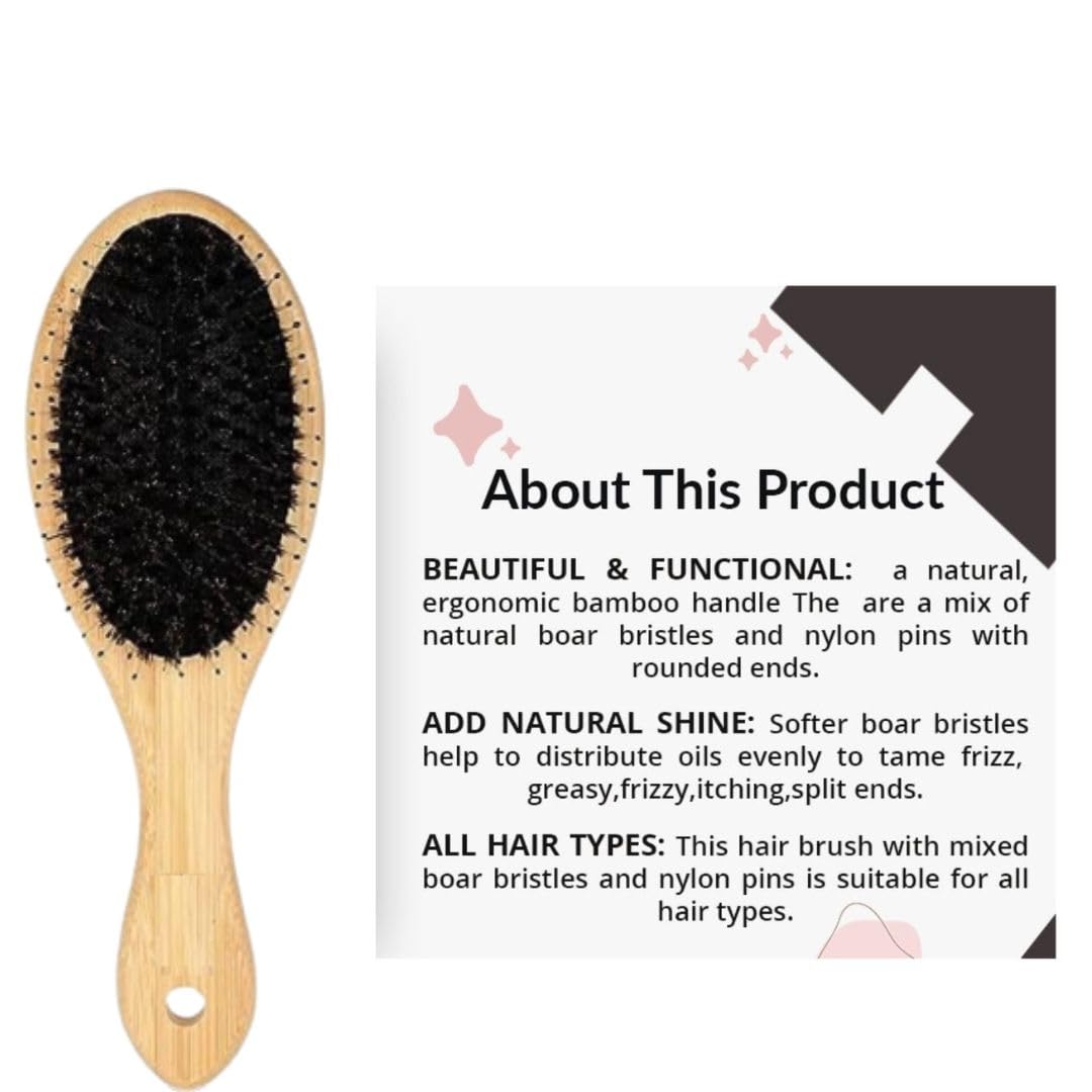 GLAM FAM Natural Boar Bristle Hair Brush with Wooden Bamboo Handle - Detangling & Anti-Static Hairbrush for Women & Men with Thick Hair - Reduces Hair Breakage for Smooth, Shiny Hair - Perfect for Daily Styling & Salon-Quality Results at Home