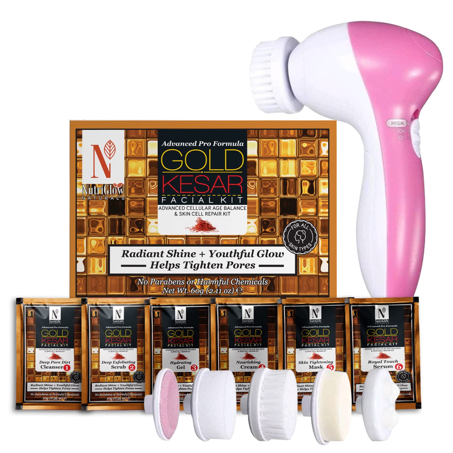 NutriGlow NATURAL'S Advanced Pro Formula Gold Kesar Facial Kit for Glowing Skin | 5-in-1 Rotating Face Massager | Deep Clean & Brightening Skincare Set | Pack of 2 | Perfect for Spa Day, Bridal Prep & At-Home Self-Care