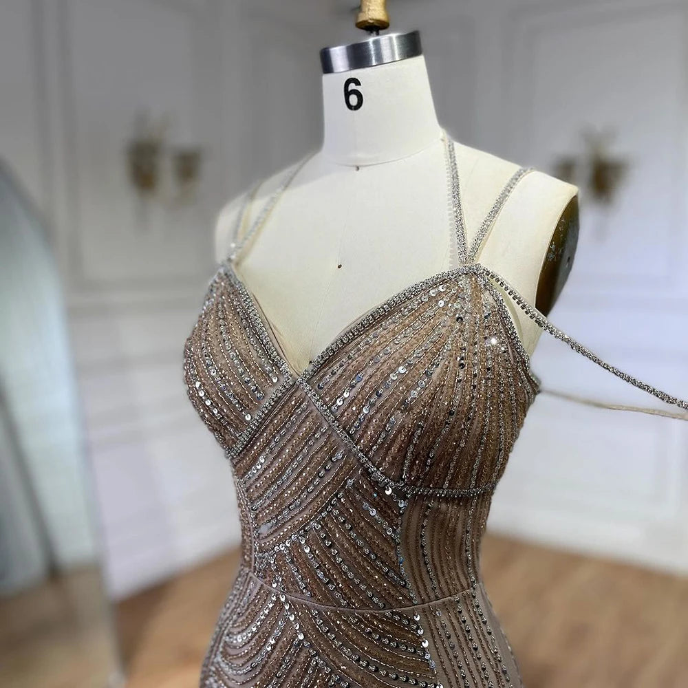 Luxury Beaded Spaghetti Strap Mermaid Evening Dress for Women - Dubai Caramel Bridal Gown for Wedding Party & Special Occasions | Serene Hill LA72501 | Perfect for Red Carpet, Prom & Formal Events