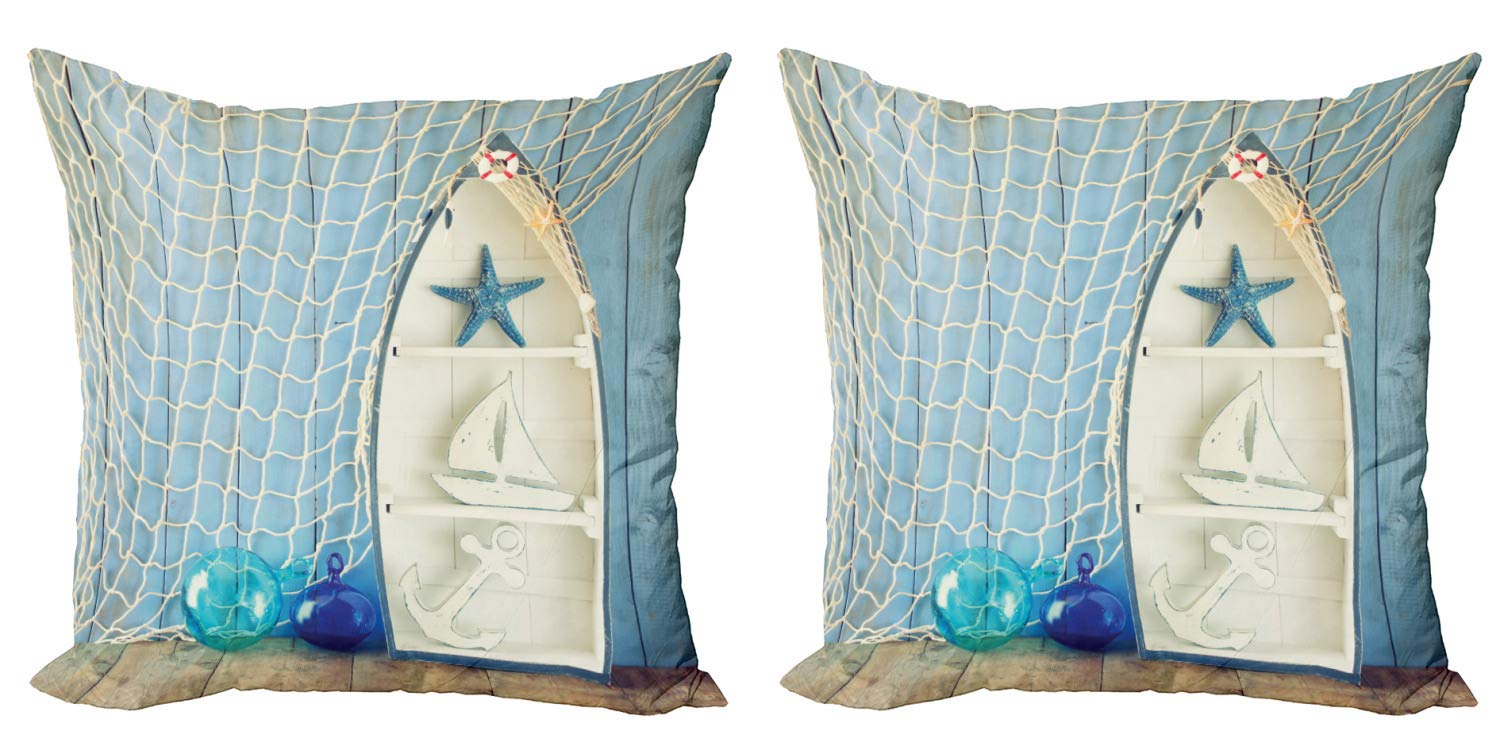 Ambesonne Nautical Throw Pillow Cover Set of 2 - Vintage Boat, Starfish & Shell Design on Wooden Backdrop - 16