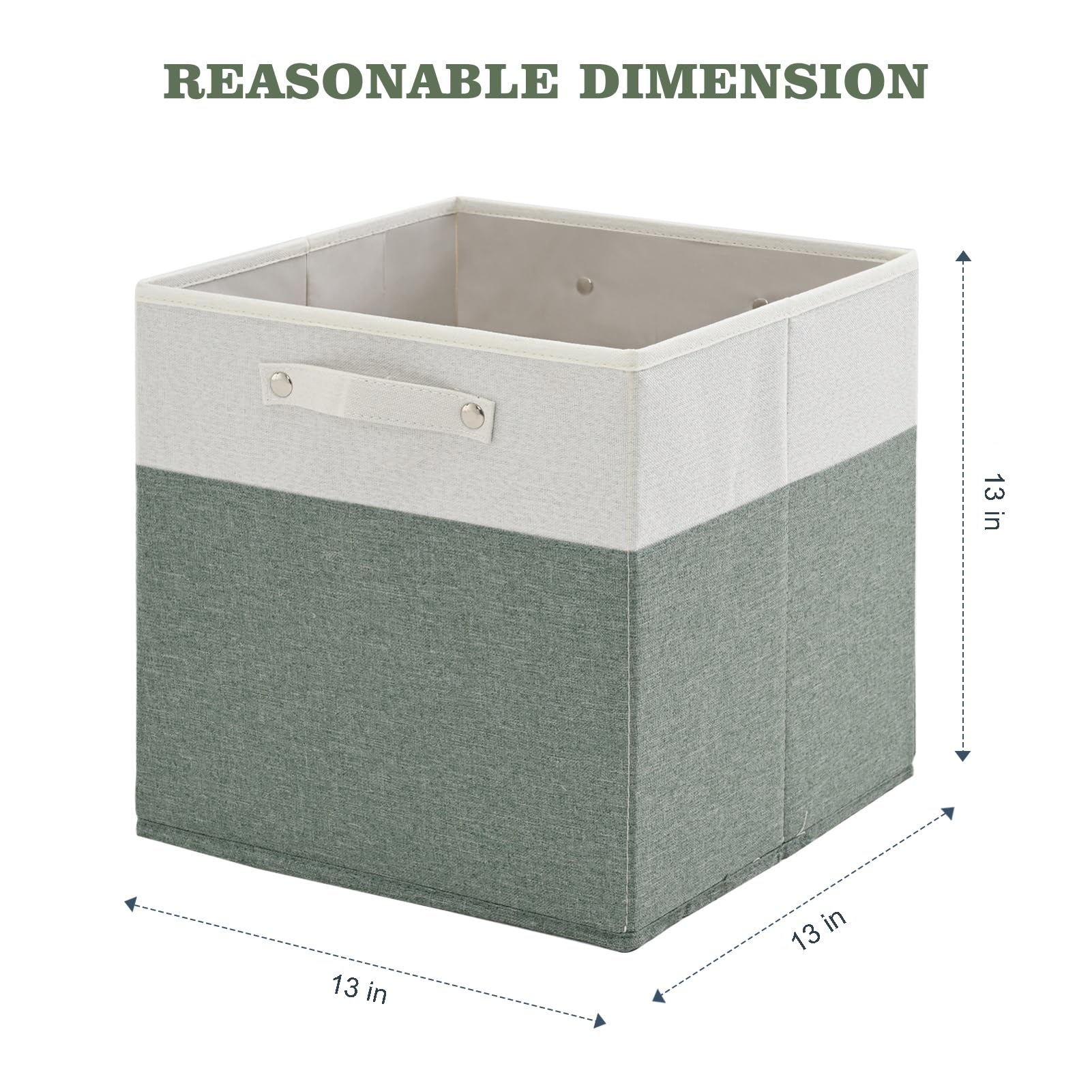 13 x 13 Inch Premium Linen Storage Bins with Handles - 4 Pack Fabric Cube Box Organizers | Collapsible Closet & Shelf Baskets for Home Organization (White/Green) | Perfect for Bedroom, Nursery & Office Storage Solutions