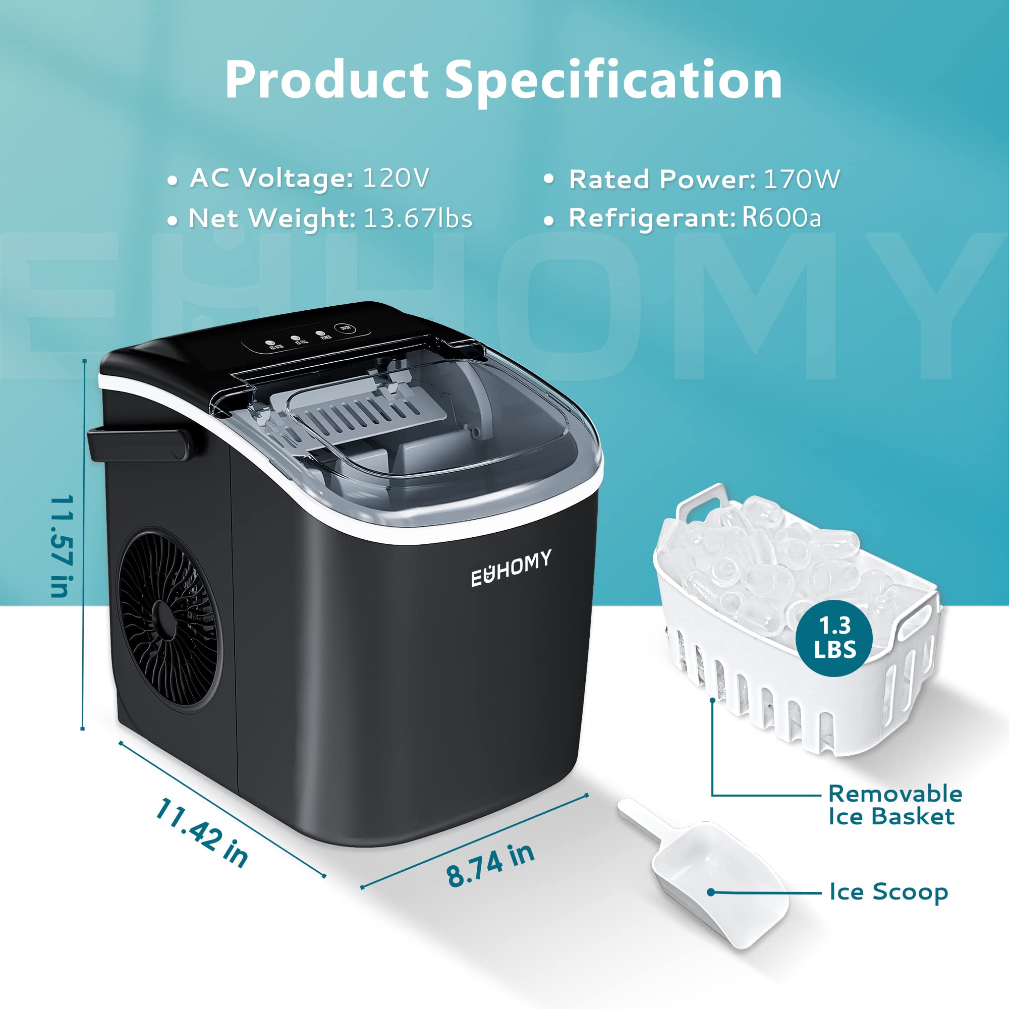 EUHOMY Portable Countertop Ice Maker Machine - 26lbs/24Hrs, 9 Cubes in 6 Mins - Auto-Cleaning with Ice Basket & Scoop - Compact Ice Maker for Home, Kitchen, RV, Camping & Outdoor Use (Black)