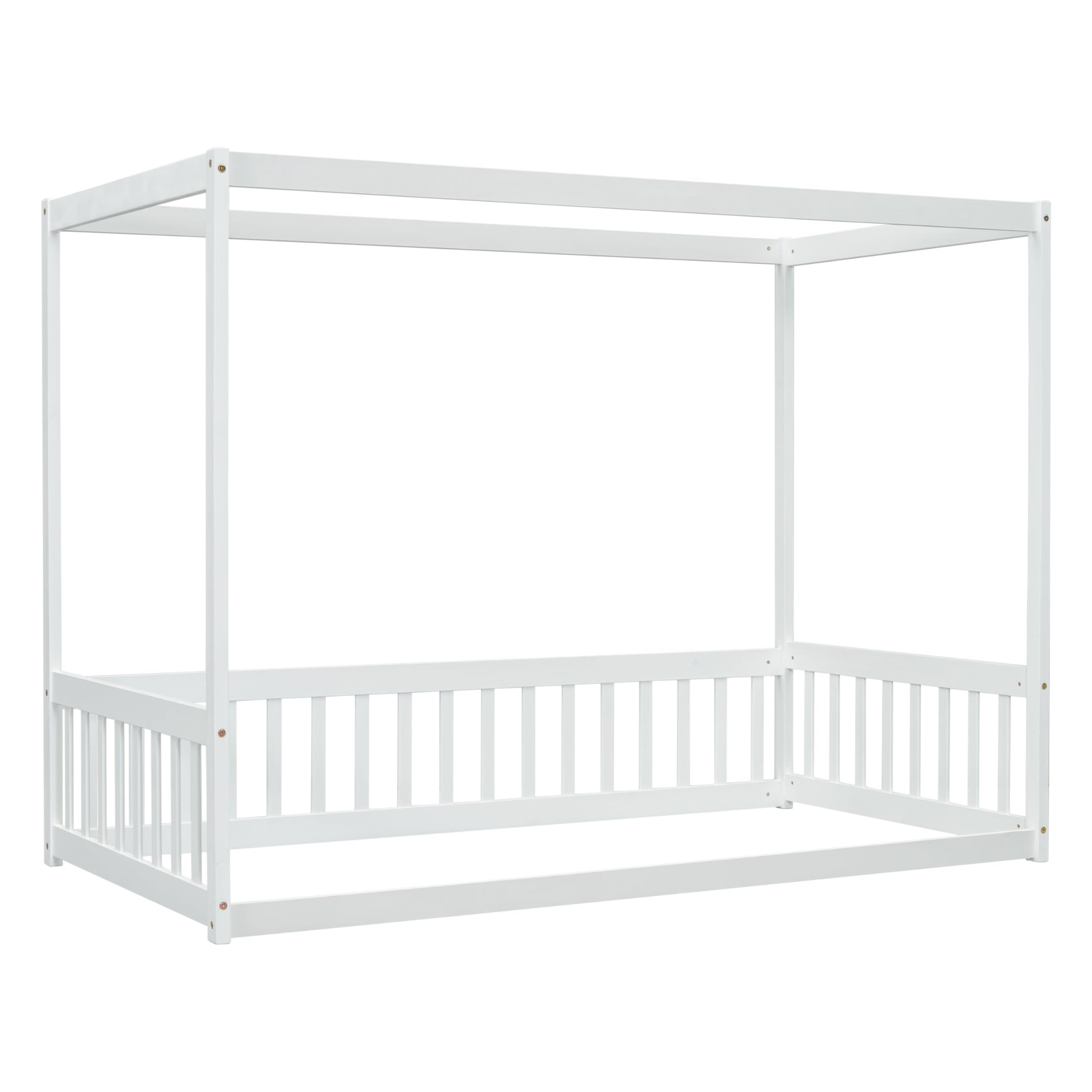 Twin Size Canopy Bed Frame with Guardrails for Kids - Wooden Four Poster Montessori Floor Bed for Girls & Boys (White) - Perfect for Bedrooms, Playrooms & Montessori Learning Spaces