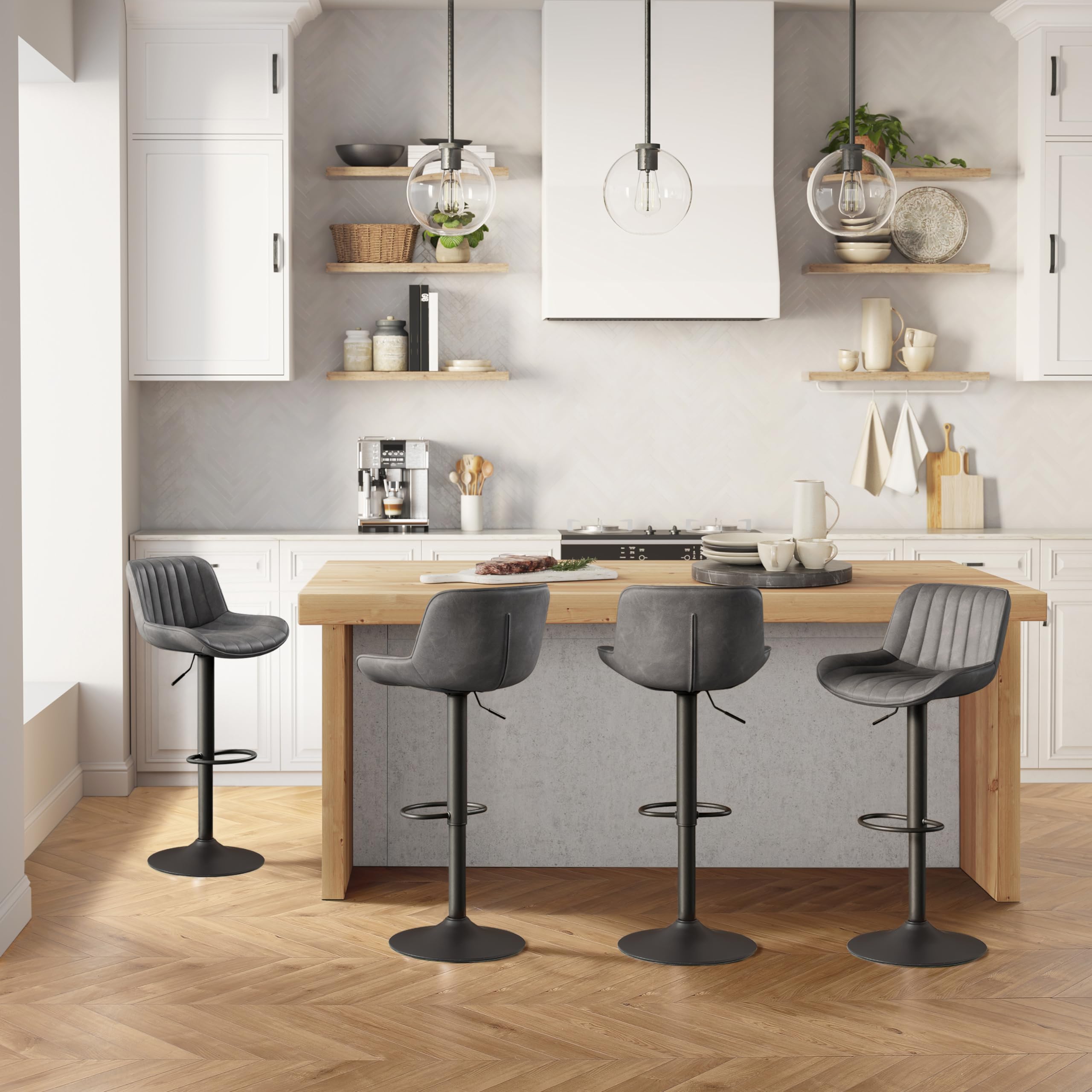 Mid Century Modern Swivel Bar Stools for Kitchen Counter - Adjustable Height Bar Chairs with Back, Vintage PU Leather Kitchen Island Stools (Black Base, Gray, Set of 2) - Perfect for Breakfast Nooks, Home Bars & Kitchen Islands