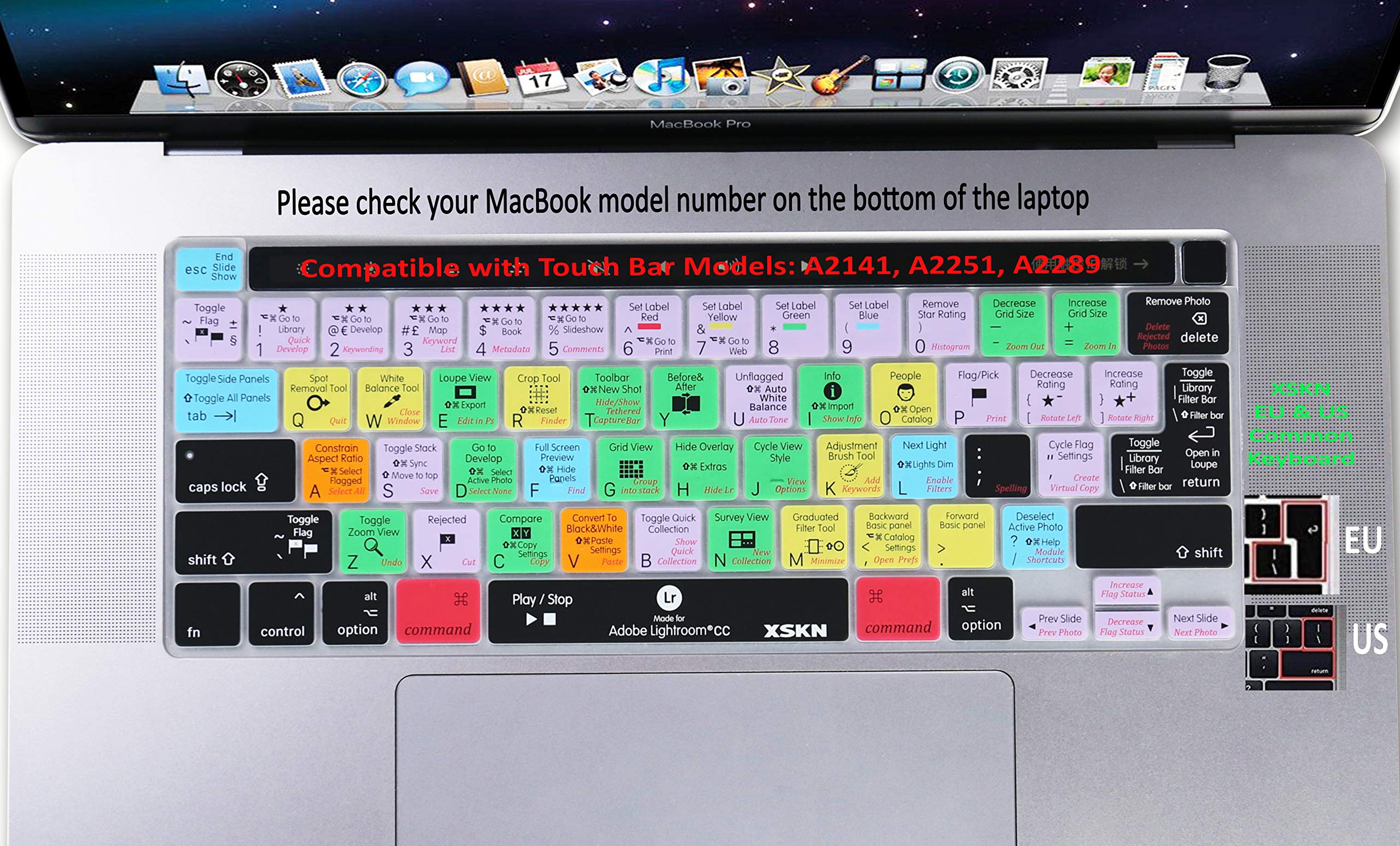 XSKN Lightroom CC Shortcut Keyboard Cover - Compatible with MacBook Pro 16-inch A2141 (2019) & 13.3-inch A2338/M1/A2251/A2289 (2020) - Silicone Skin for Touch Bar & Touch ID - US/EU Version - Perfect for Photo Editing & Creative Work