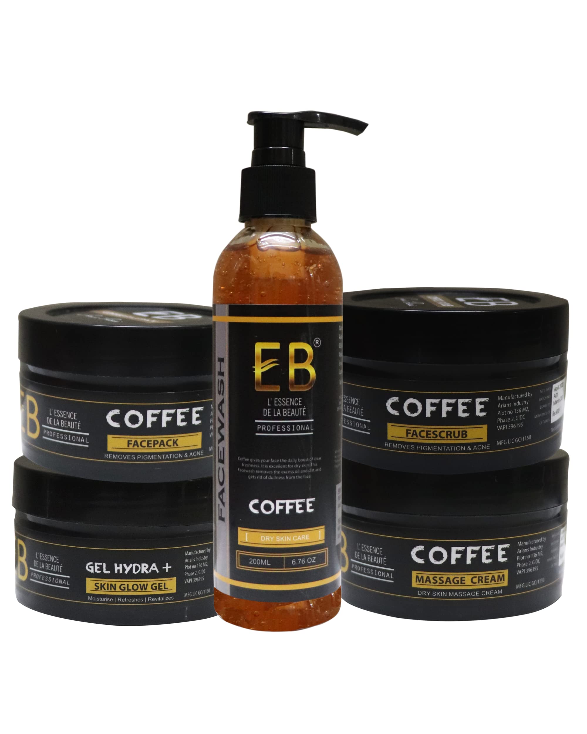 EB Coffee Facial Kit - 5 Step Skincare Set with Coffee Face Wash, Massage Cream, Face Pack, Scrub & Hydra Gel (200g Each) for Glowing Skin - Perfect for Spa Day, At-Home Facial & Self-Care Routine