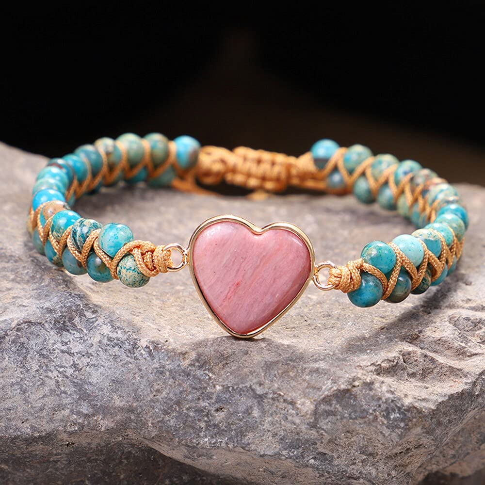 Amazonite Heart Charm Bracelet for Women - Passionate Heart Jasper Yoga String Braid Bangle, Spiritual Jewelry Gift for Meditation, Healing & Positive Energy (Green)