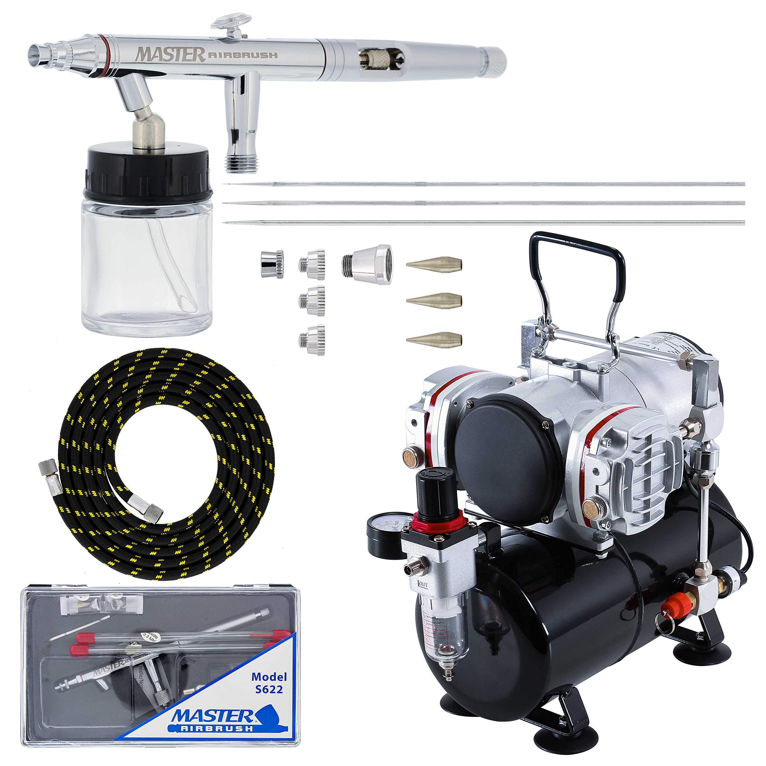 Master Airbrush S62 Professional Airbrush Kit with TC-828 Twin Piston Air Compressor - Perfect for Model Painting, Cake Decorating & DIY Crafts