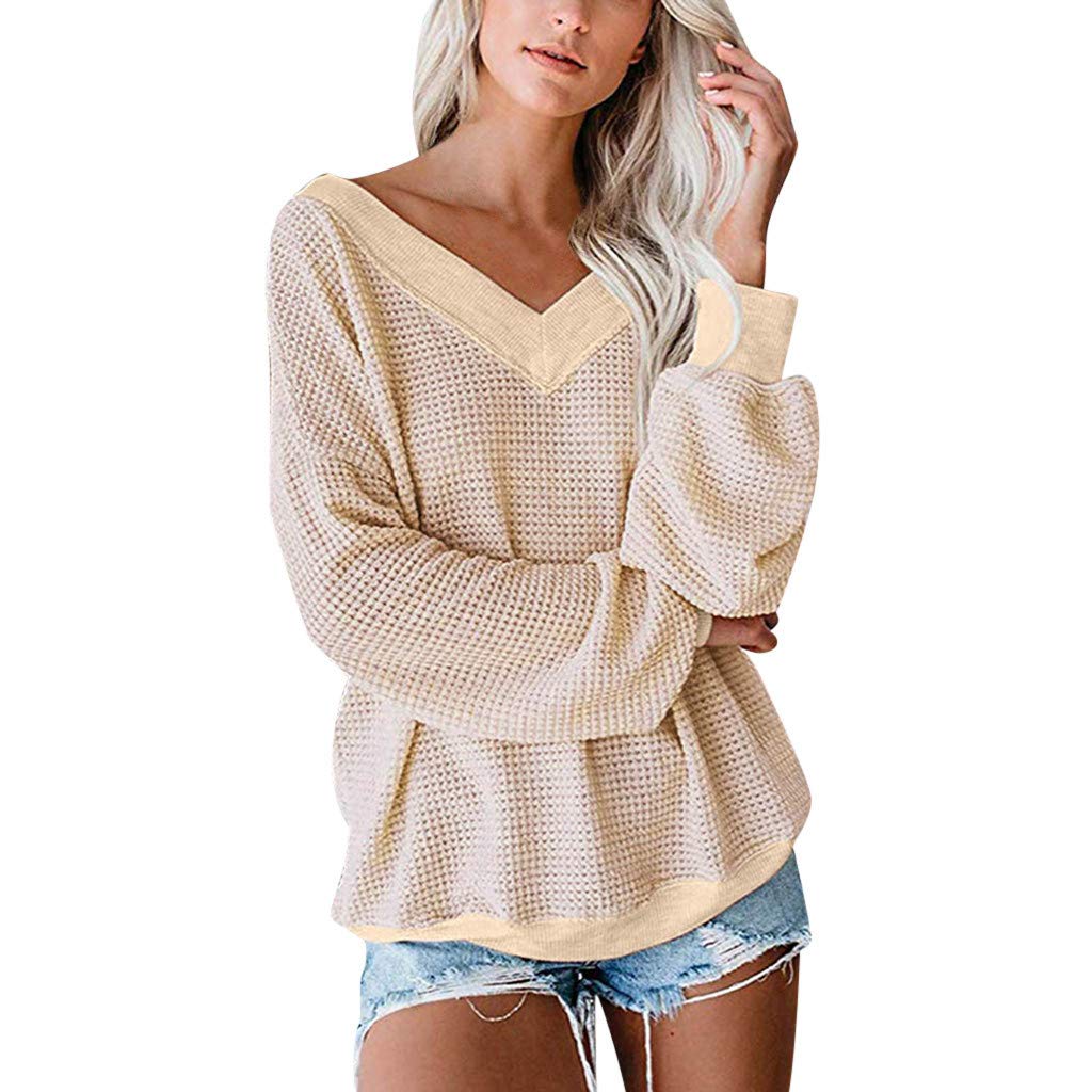 WOCACHI Women's Off Shoulder V Neck Pullover Sweater - Solid Color Waffle Knit Long Sleeve Loose Jumper Top for Casual Wear, Date Night & Fall Fashion