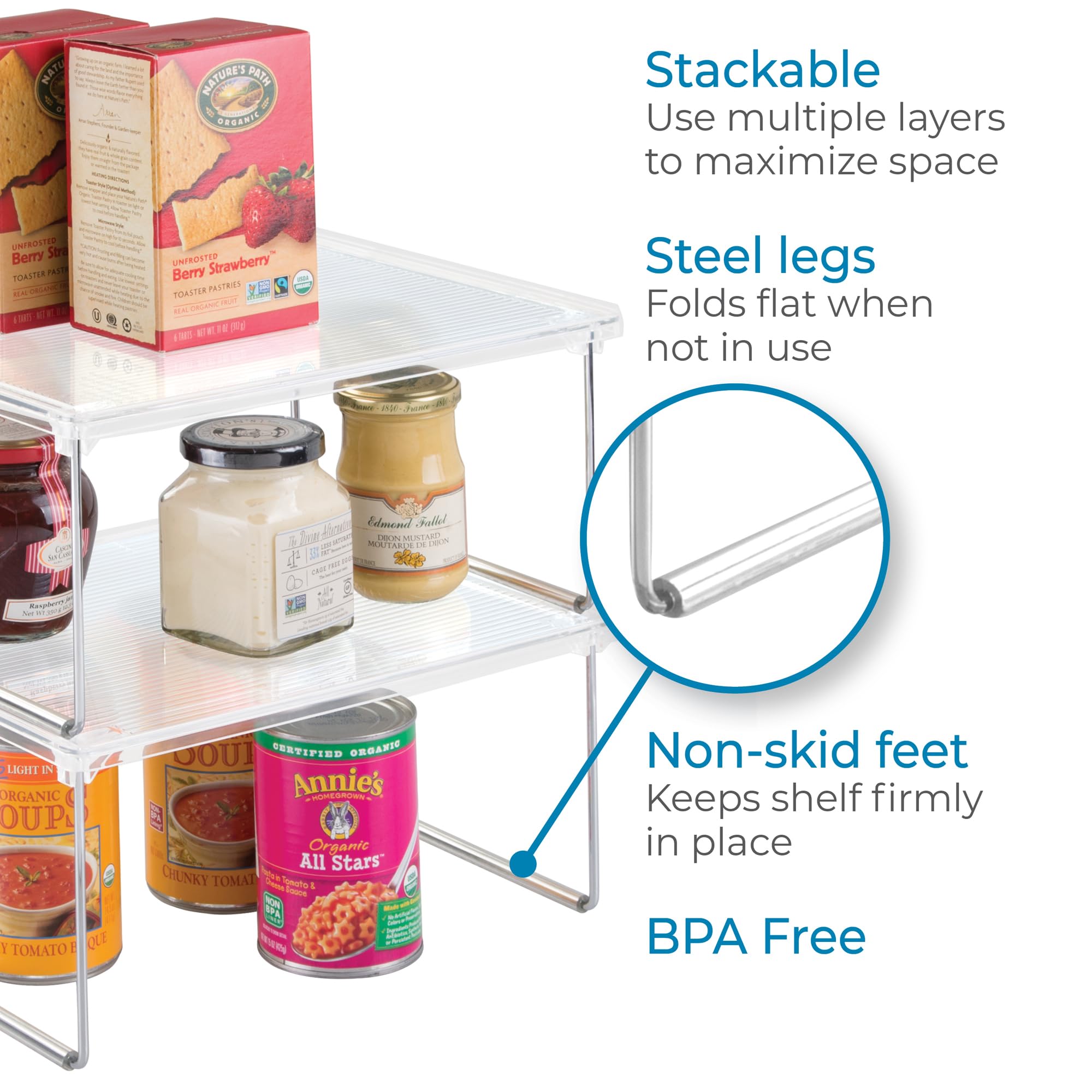 iDesign Stackable Kitchen Shelf - Plastic & Metal Cabinet Organizer for Dishes, Food, or Spices - Transparent & Silver - Perfect for Pantry, Countertop, and Small Space Storage