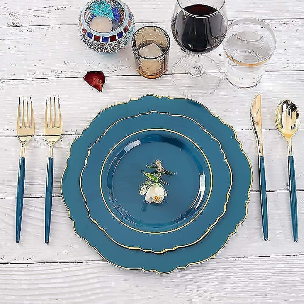 100-Pack Blue Plastic Plates with Gold Rim & Gold Disposable Cutlery Set - Elegant Purple Plastic Plates with Gold Silverware - Perfect for Weddings, Parties, and Catering Events