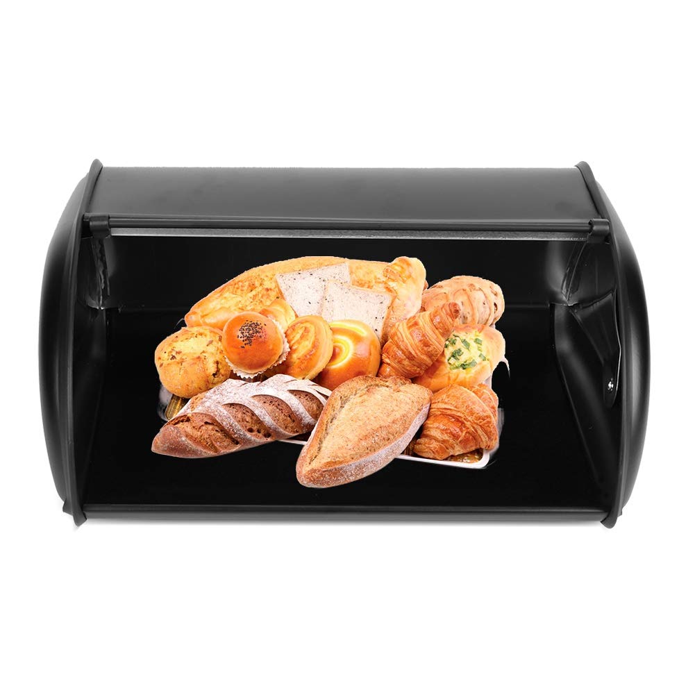 Fingerprint Proof Stainless Steel Bread Box with Roll Up Lid - 15 x 10 x 6 Inches Kitchen Counter Bread Storage Container (Black) | Perfect for Fresh Bread Storage, Countertop Organization & Modern Kitchen Decor
