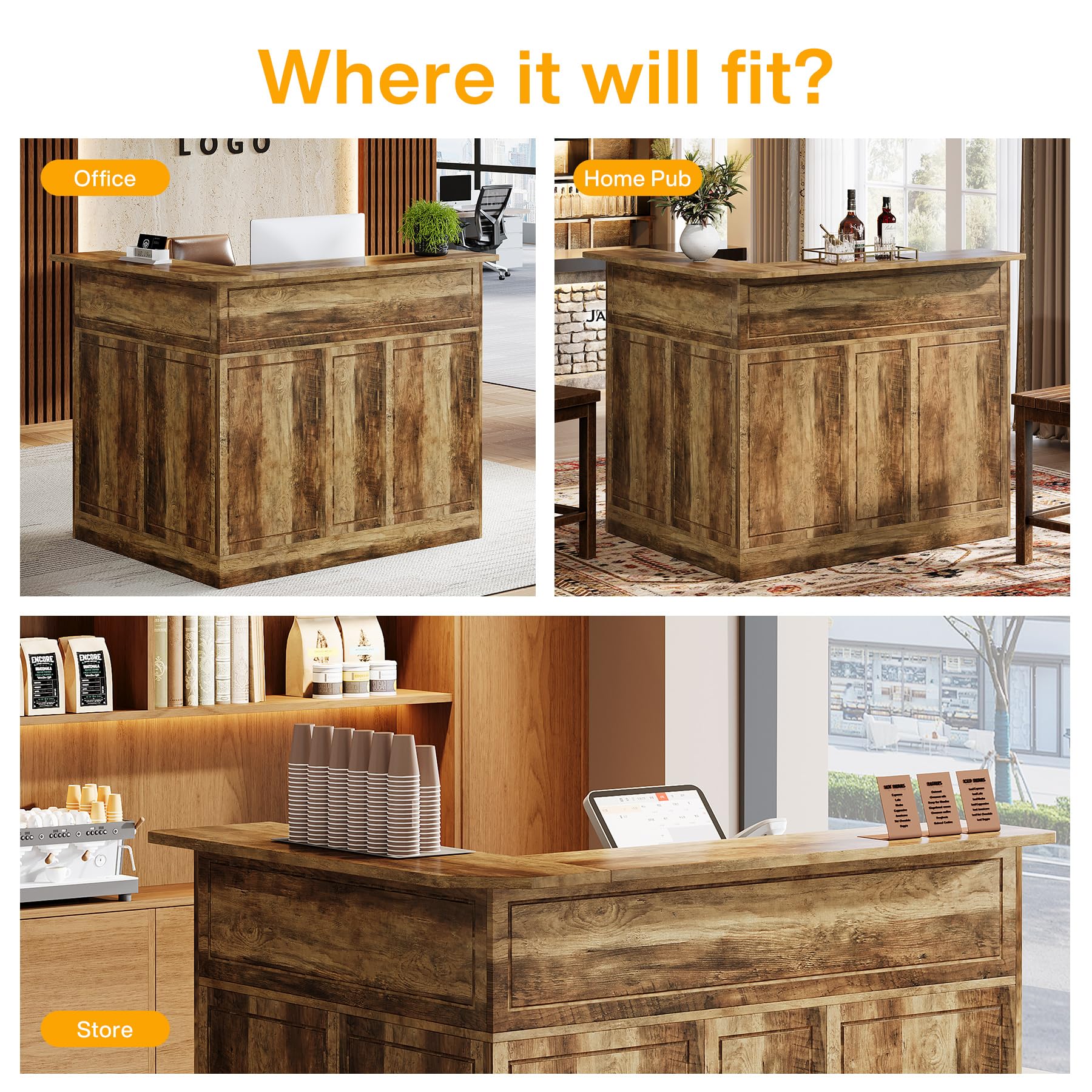 Tribesigns L-Shaped Reception Desk with Storage Shelves - Modern Office Front Counter for Small Business, Salon, Hotel & Retail Checkout (Brown) - Perfect for Space-Saving Workstations & Professional Client Greetings