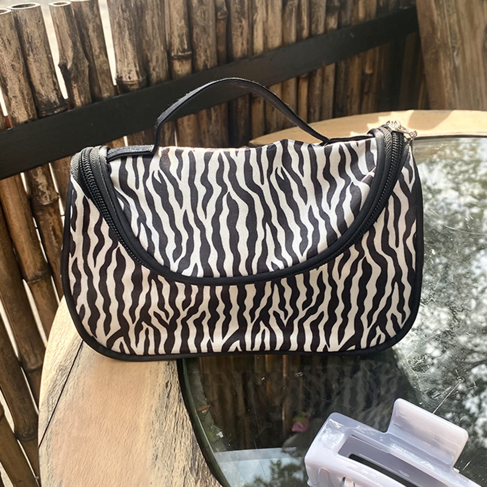 Waterproof Zebra Print Cosmetic Bag for Women - Nylon Makeup Organizer with Jewelry Pouch, Travel Toiletry Bag for Girls, Perfect Gift for Makeup Brushes & Digital Accessories | Ideal for Travel, Gym & Daily Use