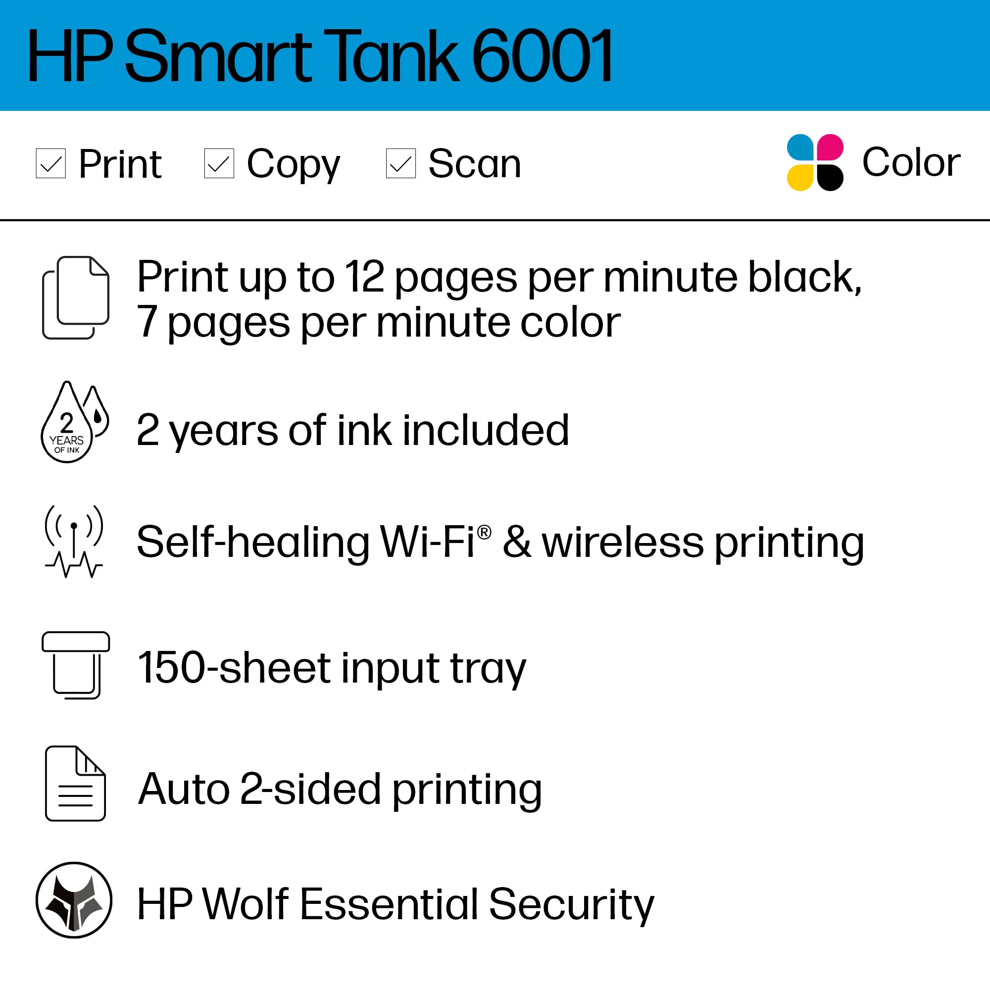 HP Smart-Tank 6001 Wireless All-in-One Ink Tank Printer - Cartridge-Free with 2 Years of Ink, Mobile Print/Scan/Copy (2H0B9A) - Perfect for Home Office & Small Business Printing Needs
