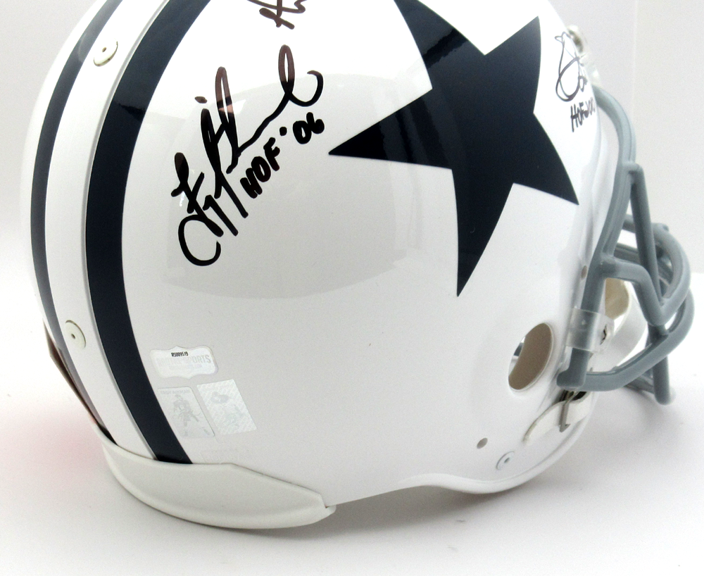 Authentic Signed Dallas Cowboys NFL Helmet - Troy Aikman, Emmitt Smith & Michael Irvin Autographs with HOF Inscriptions | Collectible Football Memorabilia for Fans, Man Cave Decor, and Sports Gift