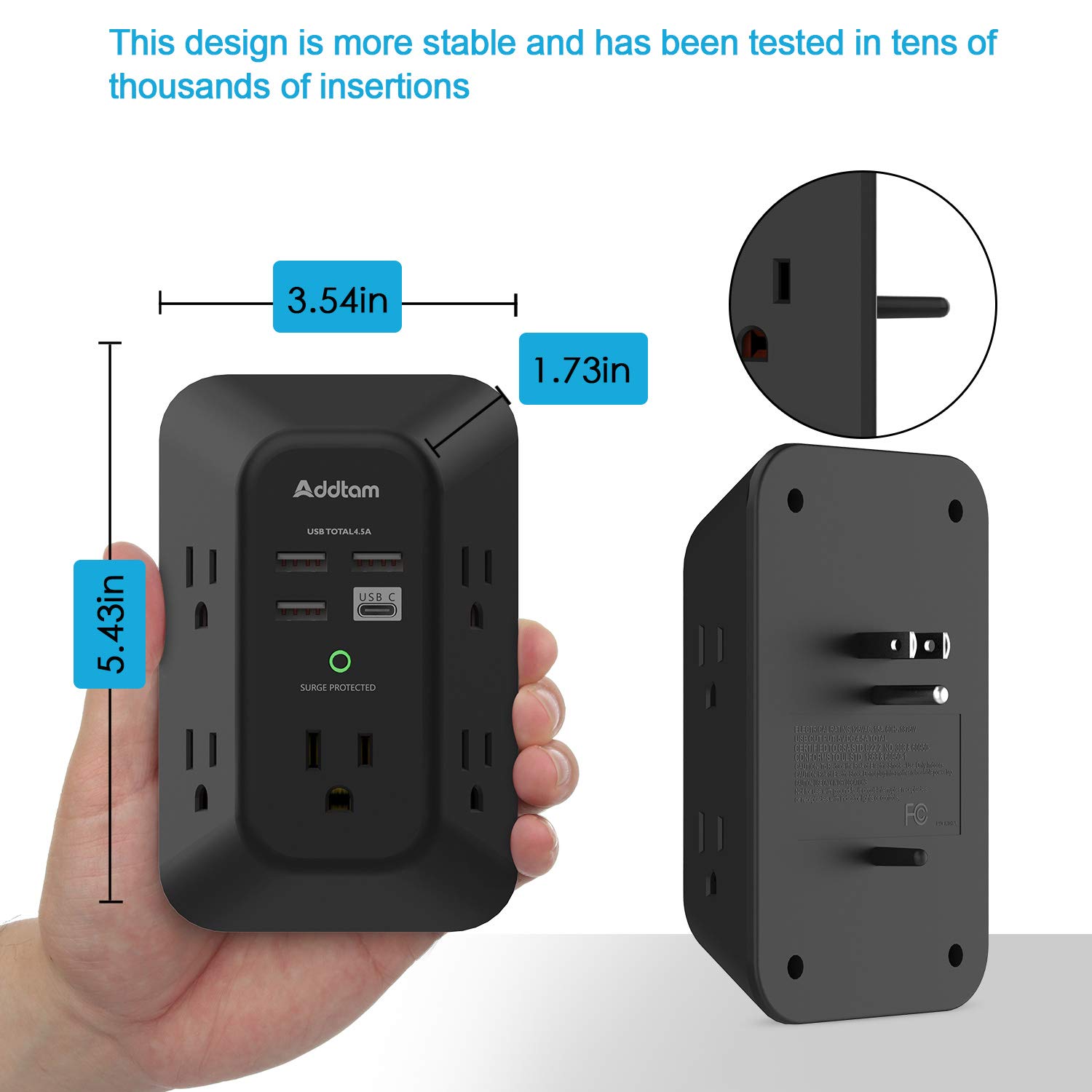 Addtam 5-Outlet USB Wall Charger with 4 Ports (1 USB-C) & Surge Protection - 1800J Power Strip, Multi Plug Adapter for Home, Office & Travel - Black