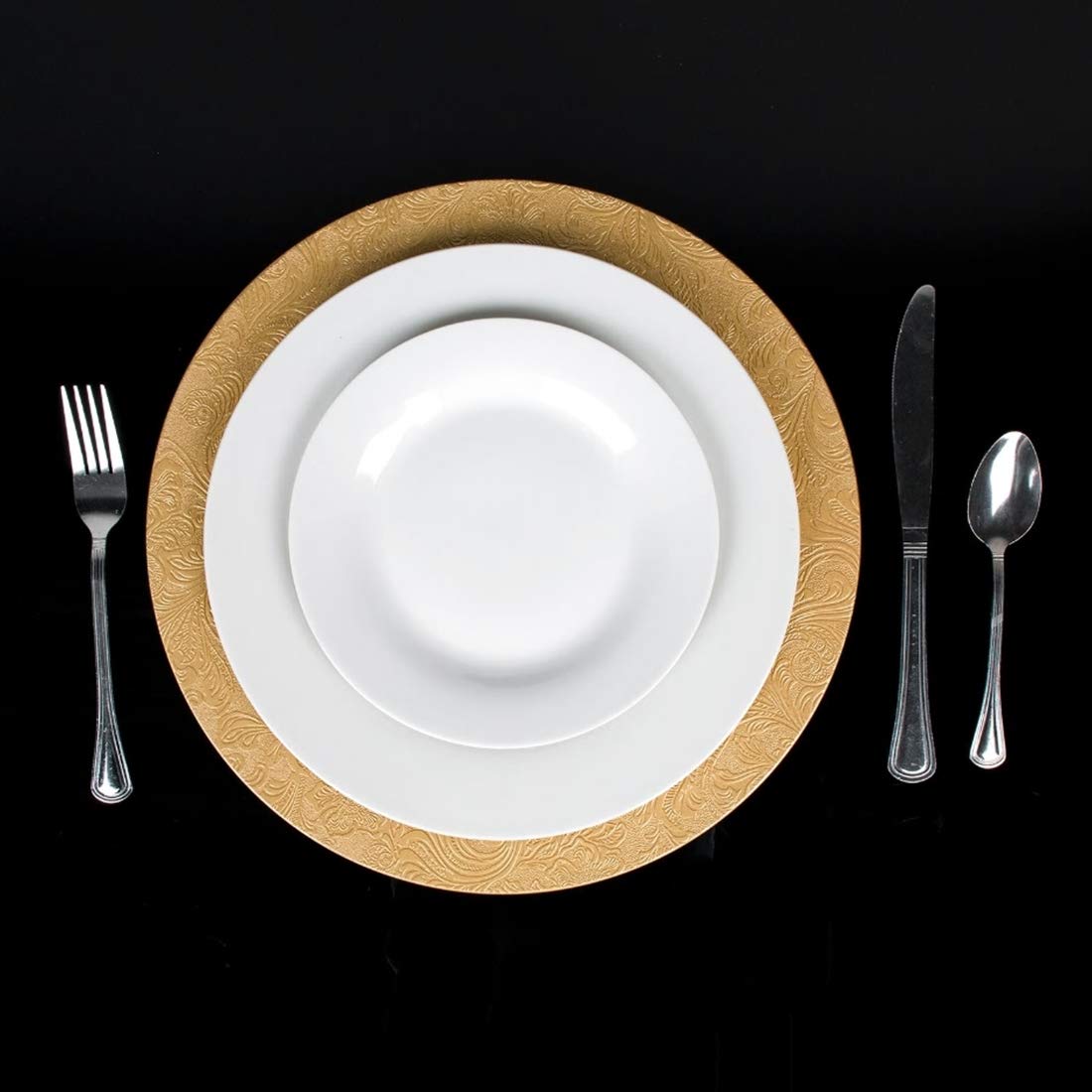 Premium Gold Plastic Charger Plates - Elegant Embossed Floral Design Set of 8 (13 Inch) - Stunning Dinnerware for Weddings, Easter, Formal Dinners & Special Occasions - Perfect Table Decor for Holiday Parties, Bridal Showers & Fine Dining Events