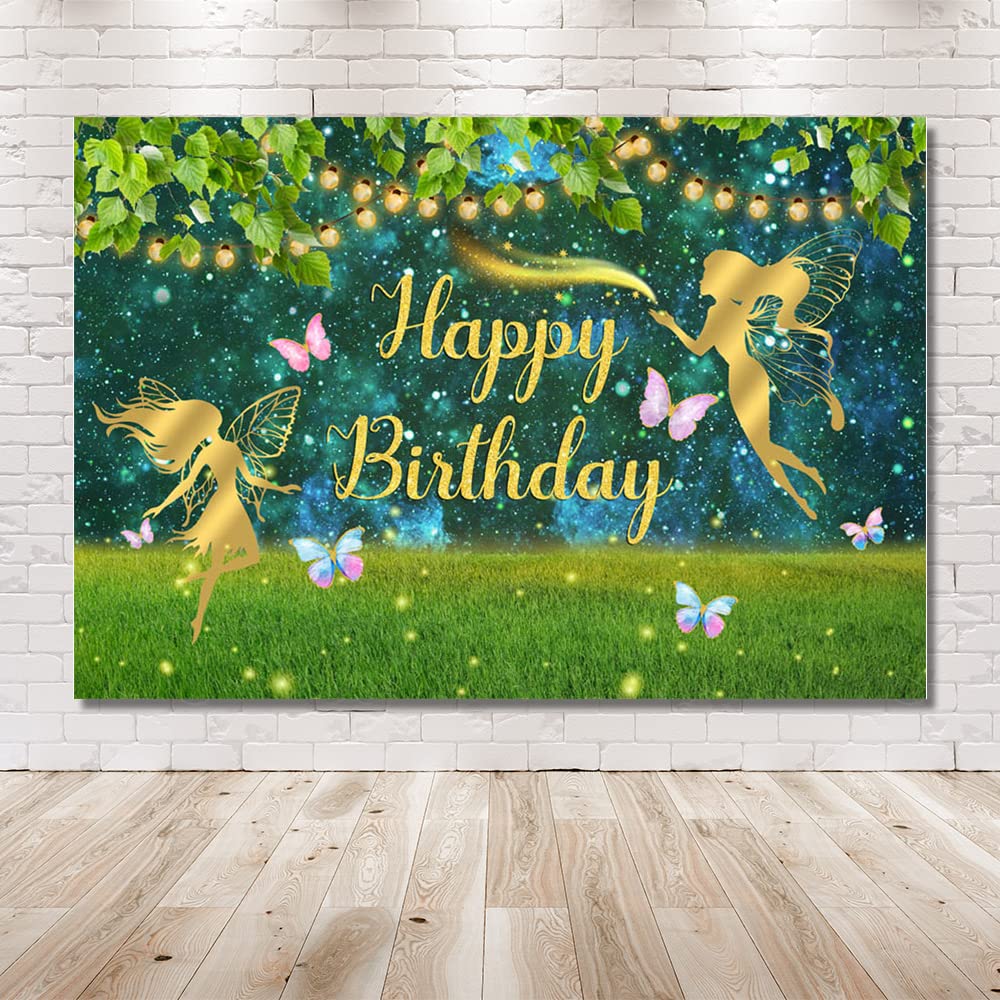 MEHOFOND Fairy Birthday Backdrop - Butterfly Princess Party Decor with Flowers & Grassland Design - 7x5ft Vinyl Photo Background for Cake Table, Studio & Photo Booth - Perfect for Girls' Birthday Parties, Baby Showers & Fairy-Themed Events
