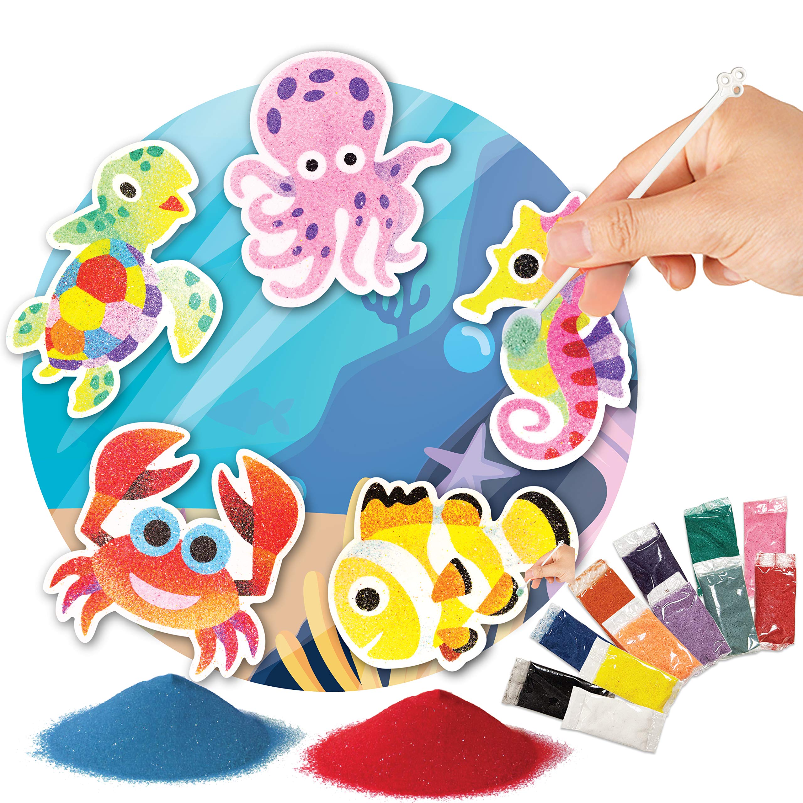 VHALE Peel and Stick Magnetic Sand Art Board - 5 MDF Sand Art Kits with Non-Scratch Magnets, 12 Vibrant Sand Colors for Creative Designs | Fridge Decor, Kids Party Favors & Sensory Play Activity (Sea Life Theme)