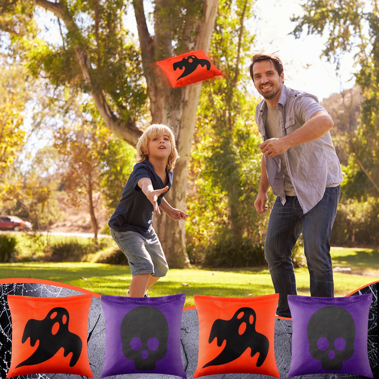 12 Pcs Halloween Thanksgiving Christmas Cornhole Game Bags - Pumpkin Skull Ghost Design Bean Bags for Tossing Games, Outdoor Party, Holiday Festivals & Family Gatherings