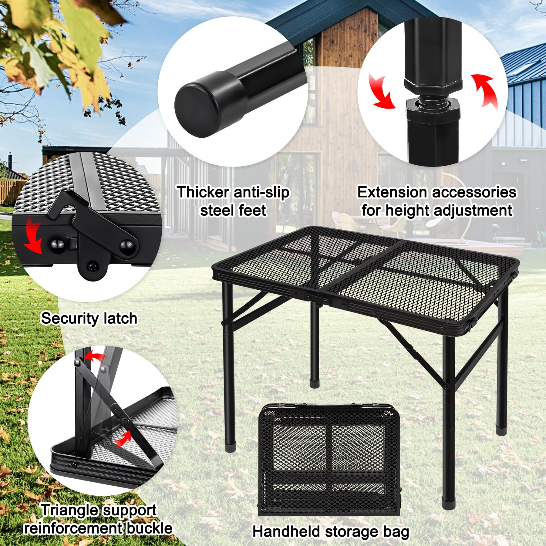 Foldable Grill Table with Mesh Top - Lightweight & Adjustable Height for Camping, Picnics, BBQs - Portable Outdoor/Indoor Cooking & Dining Solution