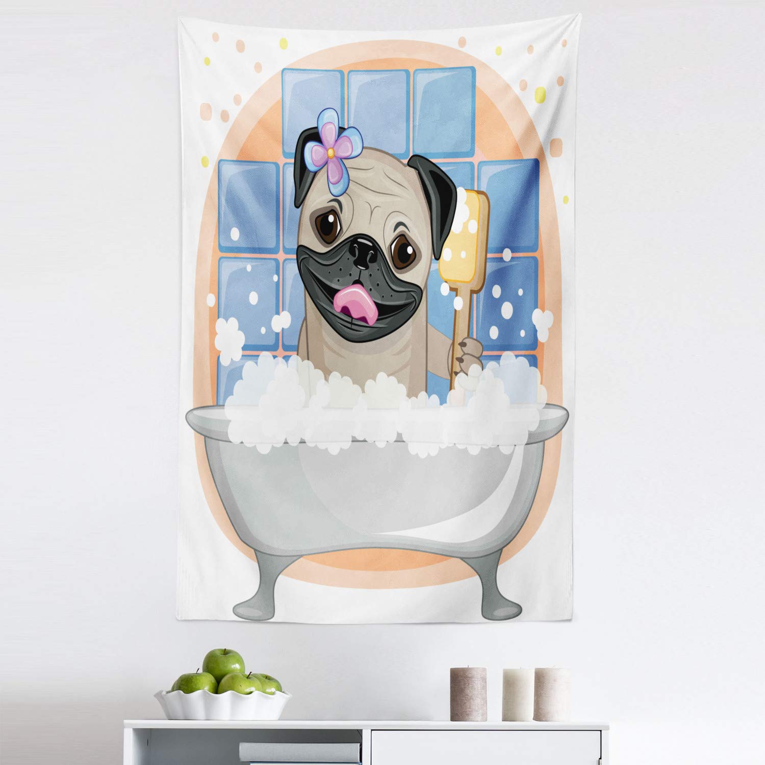 Ambesonne Pug Dog Tapestry - Funny Caricature Bathing Pug with Bubbles & Flowers - 30x45 Inch Fabric Wall Hanging Decor for Bedroom, Living Room, Dorm - Pale Brown & Blue - Perfect for Pet Lovers & Home Decoration