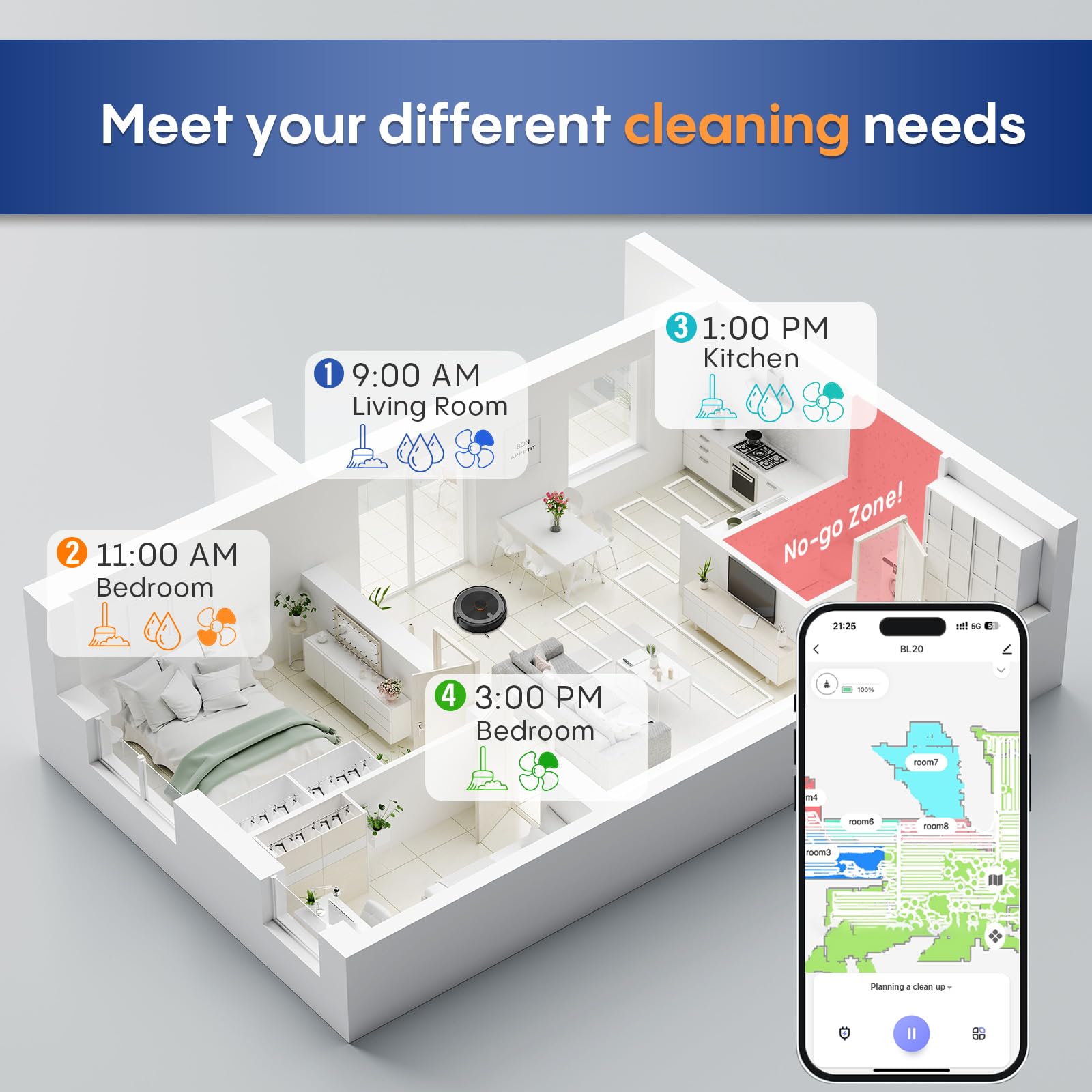 Bagotte Robot Vacuum and Mop Combo with LiDAR Navigation - 4000Pa Strong Suction, Smart Mapping & No-Go Zones - Ideal for Pet Hair, Hard Floors & Carpets - Perfect for Home Cleaning, Office Spaces & Large Areas