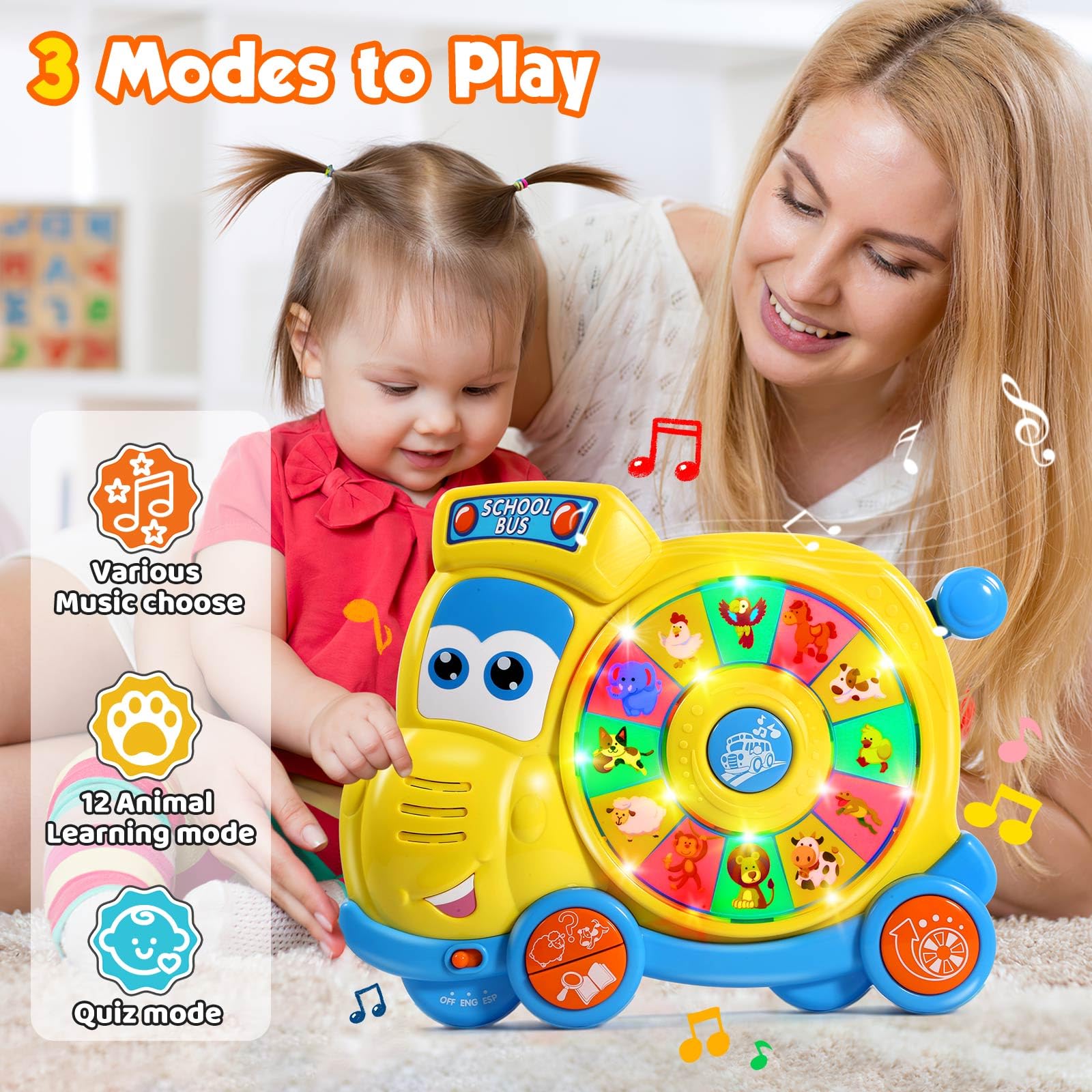 Bilingual English Spanish Learning Toys for Babies 6-18 Months | Musical Educational Toddler Toys 1-3 Years | Interactive Spin & Learn School Bus Toy for 1+ Year Old Boys & Girls | Perfect for Early Childhood Development & Birthday Gifts