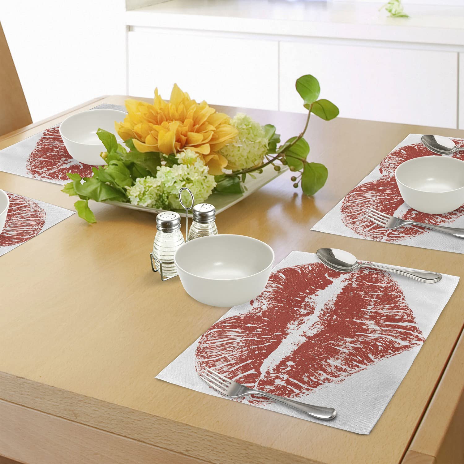 Ambesonne 4-Piece Kiss Placemats Set - Romantic Red Lipstick Heart Design for Dining Table Decor, Washable Fabric Place Mats for Kitchen & Dining Room - Perfect for Valentine's Day, Date Night & Romantic Dinners (Red & White)