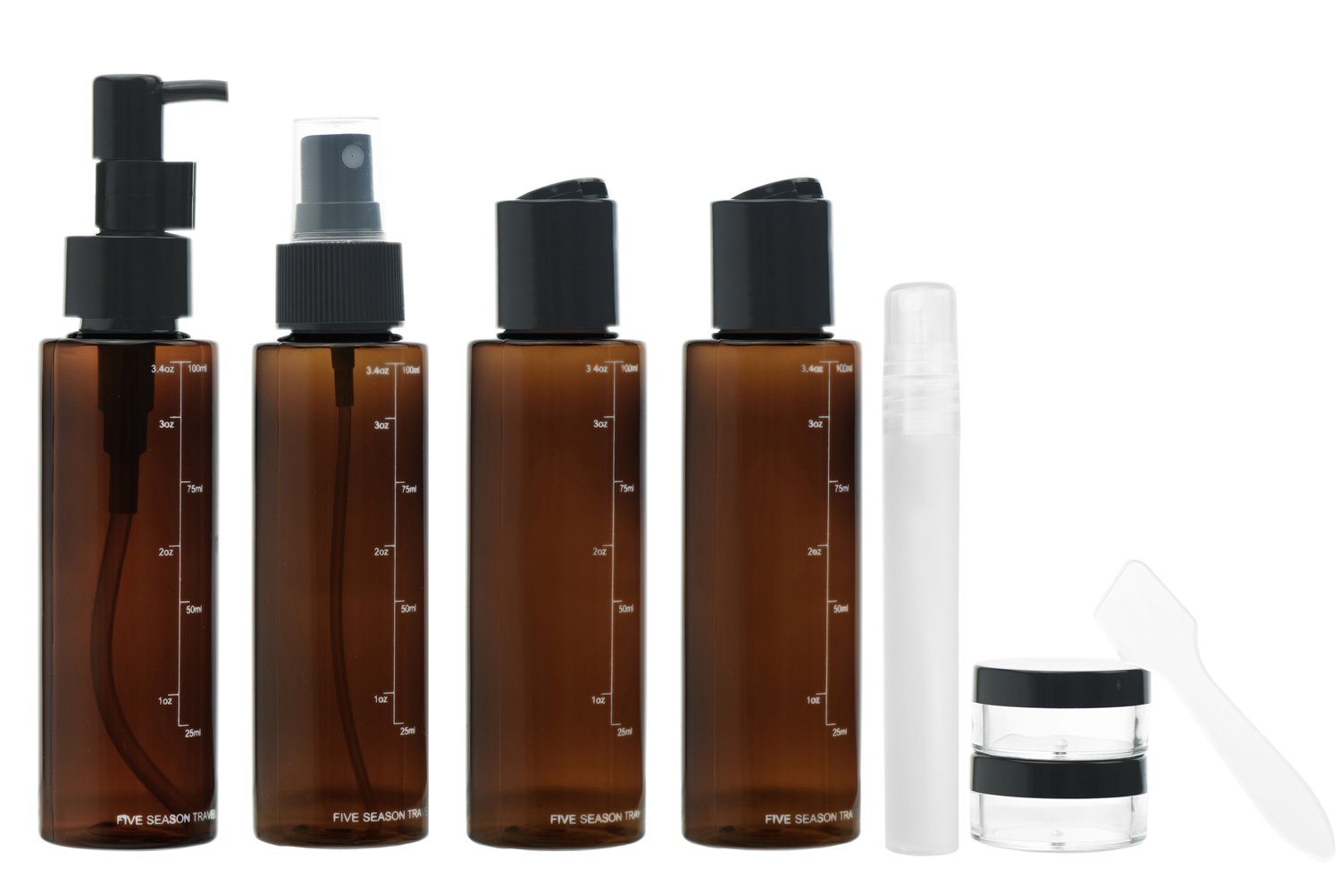 9-Piece Leakproof Travel Bottles Set (3.5 fl oz/100ml) with Toiletry Bag & Labels - Brown & Black by FiveSeasonStuff | Perfect for Airplane Carry-On, Gym, Camping & Vacation Essentials