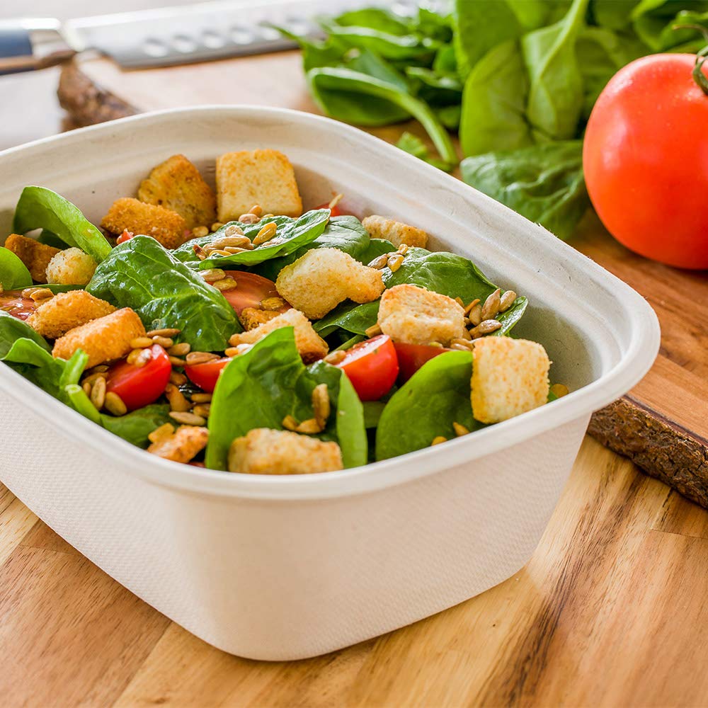 Eco-Friendly 60oz Bagasse Salad Plates - 100-Pack Grease-Resistant, Microwavable, Unbleached Pulp Containers with Reinforced Rim | Perfect for Restaurants, Catering, and Takeout Meals