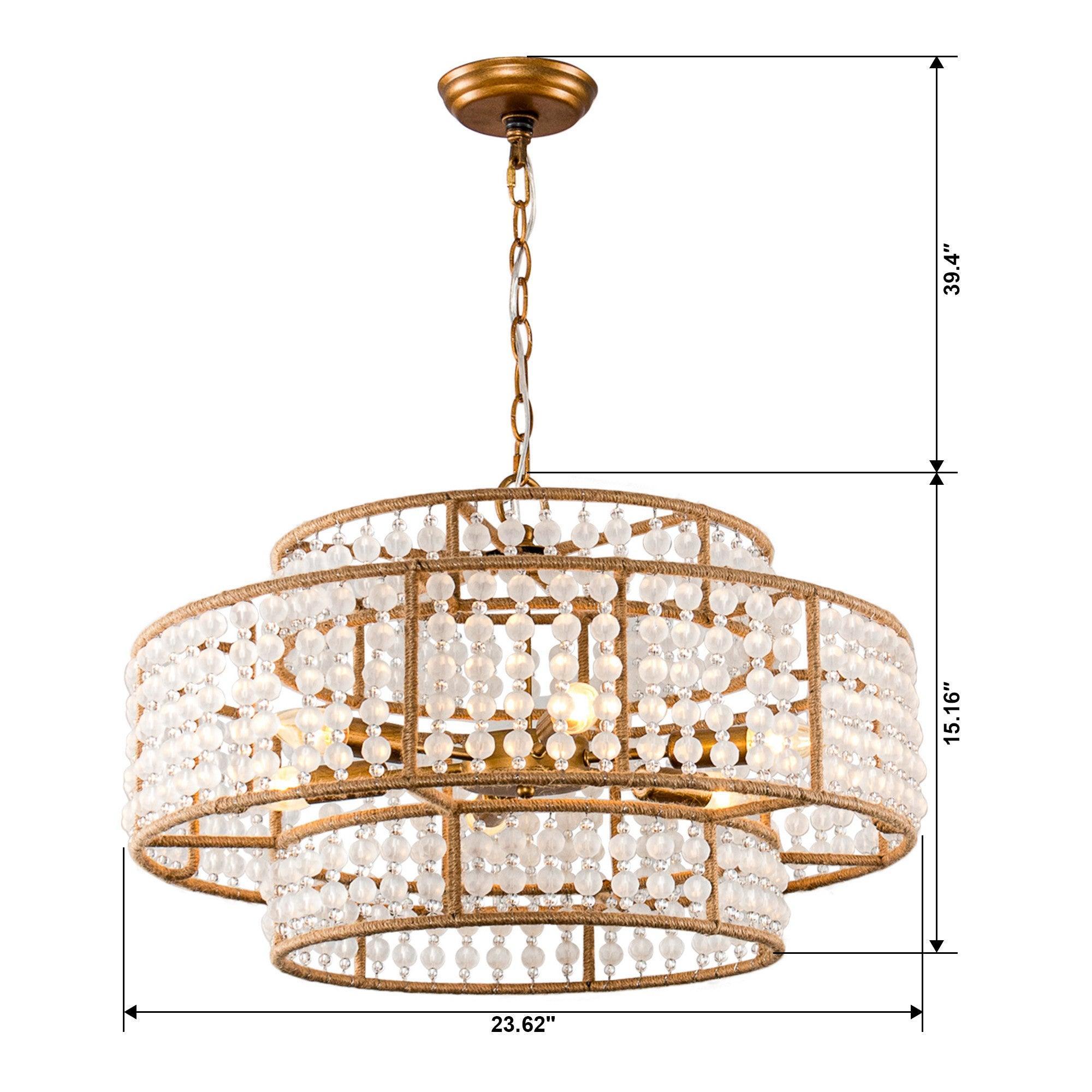 6-Light Antique Gold Farmhouse Drum Beaded Chandelier with Rope Accents - Rustic Ceiling Lighting Fixture for Dining Room, Bedroom, or Kitchen Decor