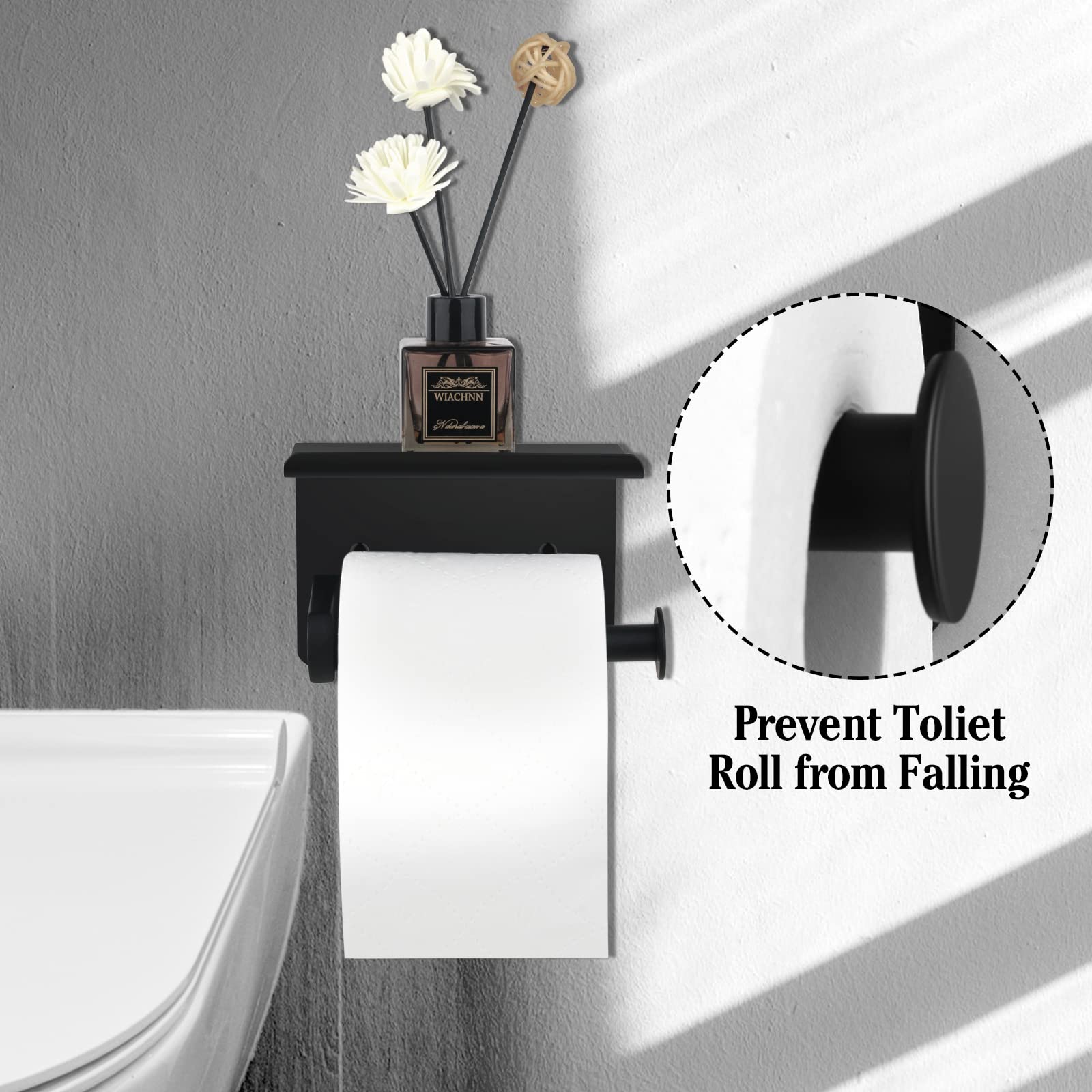 Ahomxin 2-in-1 Wall Mounted Toilet Paper Holder - Screw or Self-Adhesive Bathroom Roll Holder with Shelf in Matte Black | Perfect for Small Bathrooms, Powder Rooms & Washrooms