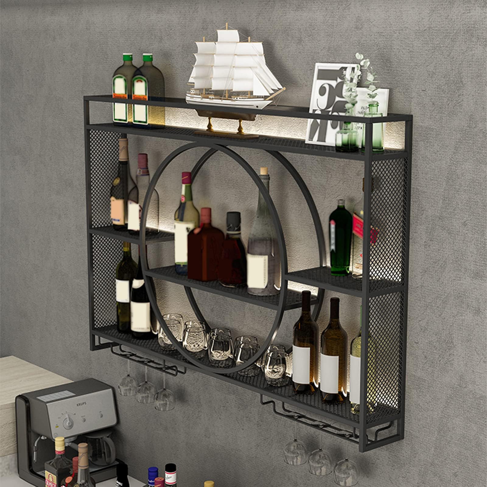 Wall Mounted Wine Rack - 3-Tier Large Capacity Metal Hanging Wine Storage Shelf with Glass Holder - Round Design for Kitchen, Living Room, Home Bar - Perfect for Entertaining Guests & Displaying Your Wine Collection (Black, 39.3 Inch/100cm)