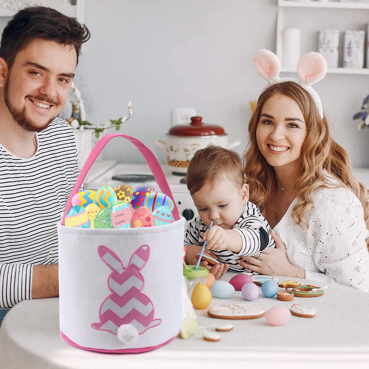 Easter Bunny Basket Bags for Kids - Striped Rabbit Pattern Cotton Canvas Egg Hunt Bag with Fluffy Tail - Personalized Easter Gift Basket for Candy, Eggs & Treats (Pink) - Perfect for Easter Egg Hunts, Spring Celebrations & Kids' Party Favors