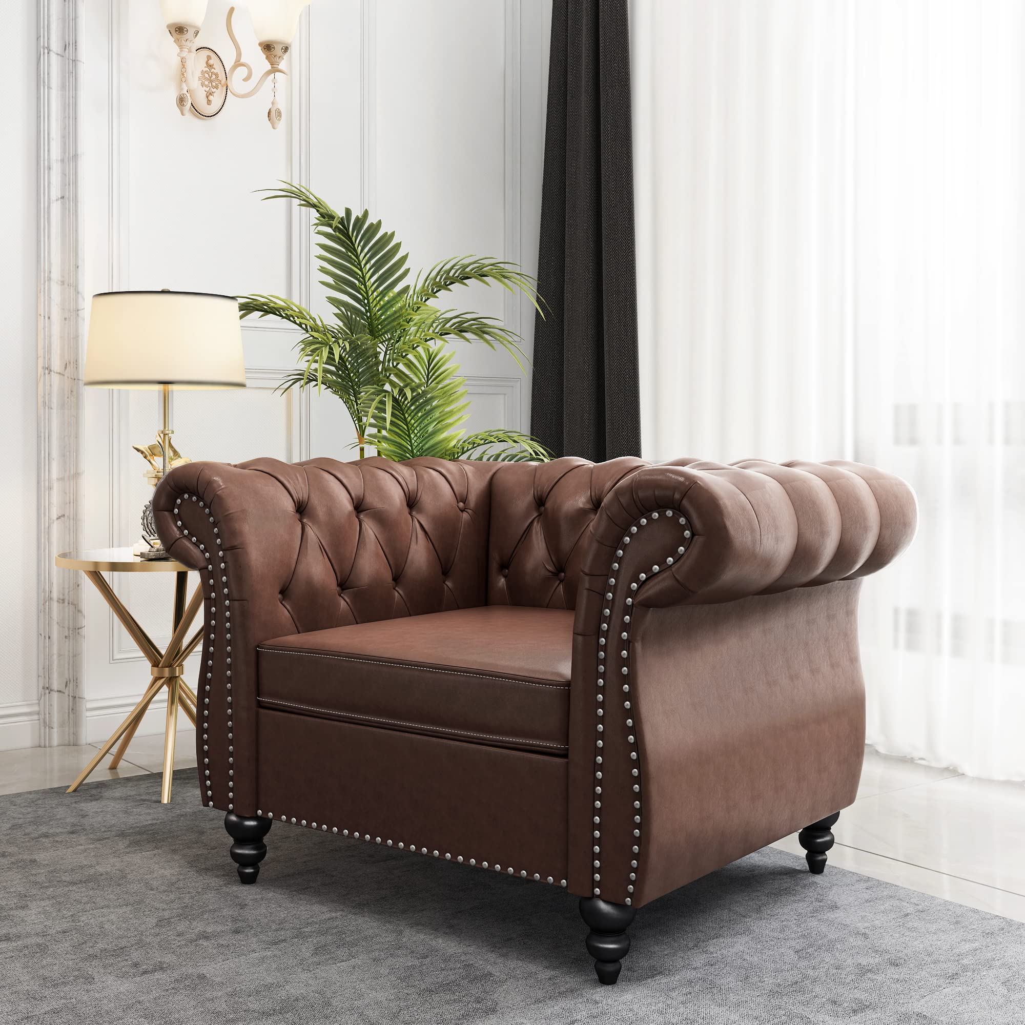 3-Piece Chesterfield Leather Living Room Set - Sofa, Loveseat & Chair with Scroll Arms & Nailhead Trim - Dark Brown - Perfect for Home Office & Elegant Living Spaces