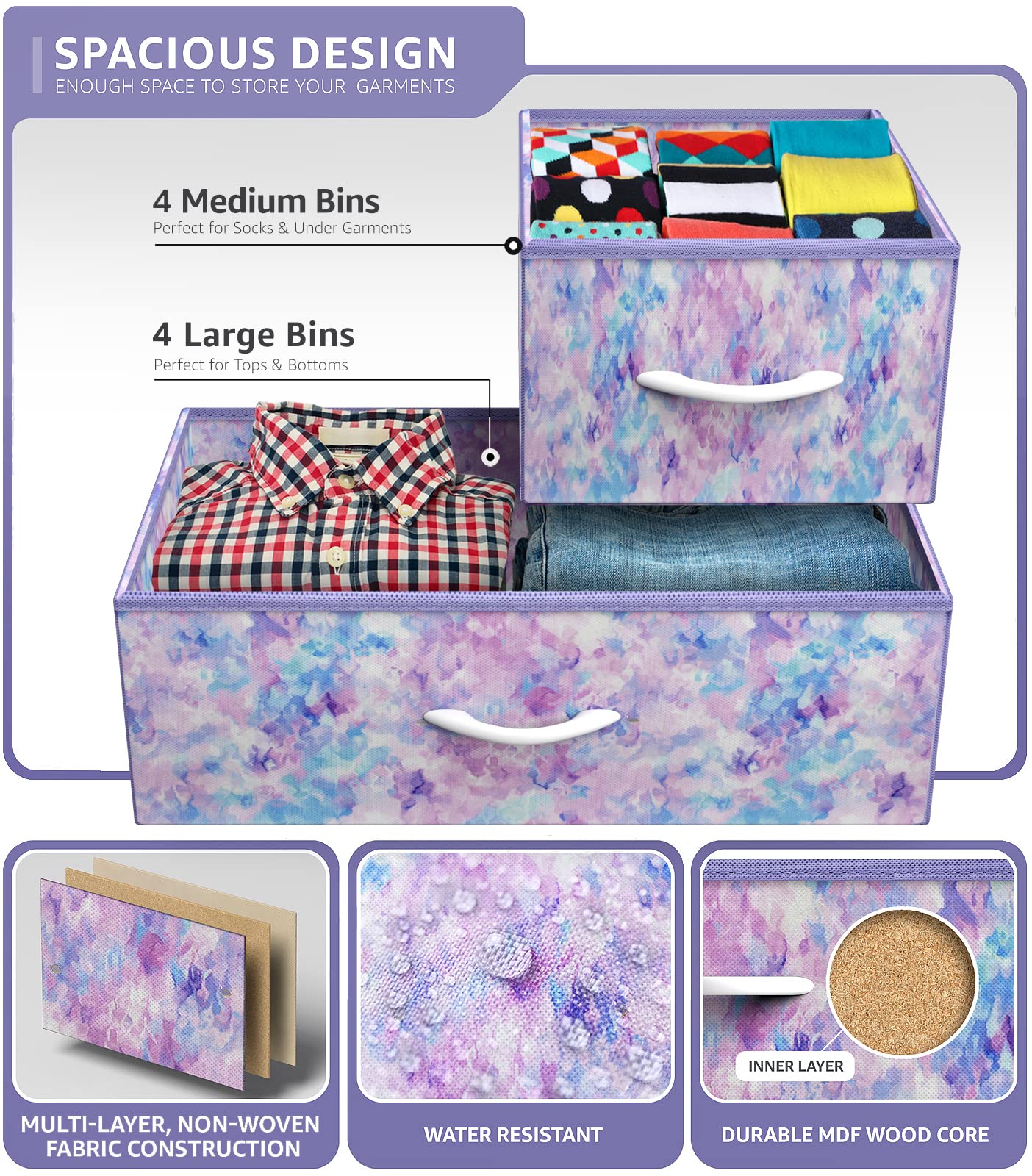 Sorbus 8-Drawer Dresser Storage Organizer for Kids, Teens, Bedroom & Nursery - Wood Top with Steel Frame & Fabric Bins (Tie-Dye Purple) - Perfect for Clothes, Toys & Playroom Organization
