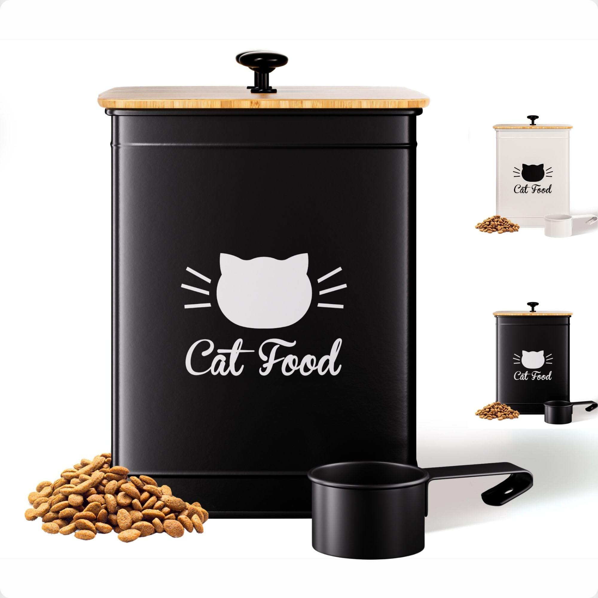 Airtight Cat Food Storage Container with Scoop - 5-10 lb (25 Cup) Capacity Metal Pet Food Bin with Bamboo Lid & Measuring Scoop - Perfect for Dry Kibble Storage in Kitchens, Pantries or Pet Feeding Areas