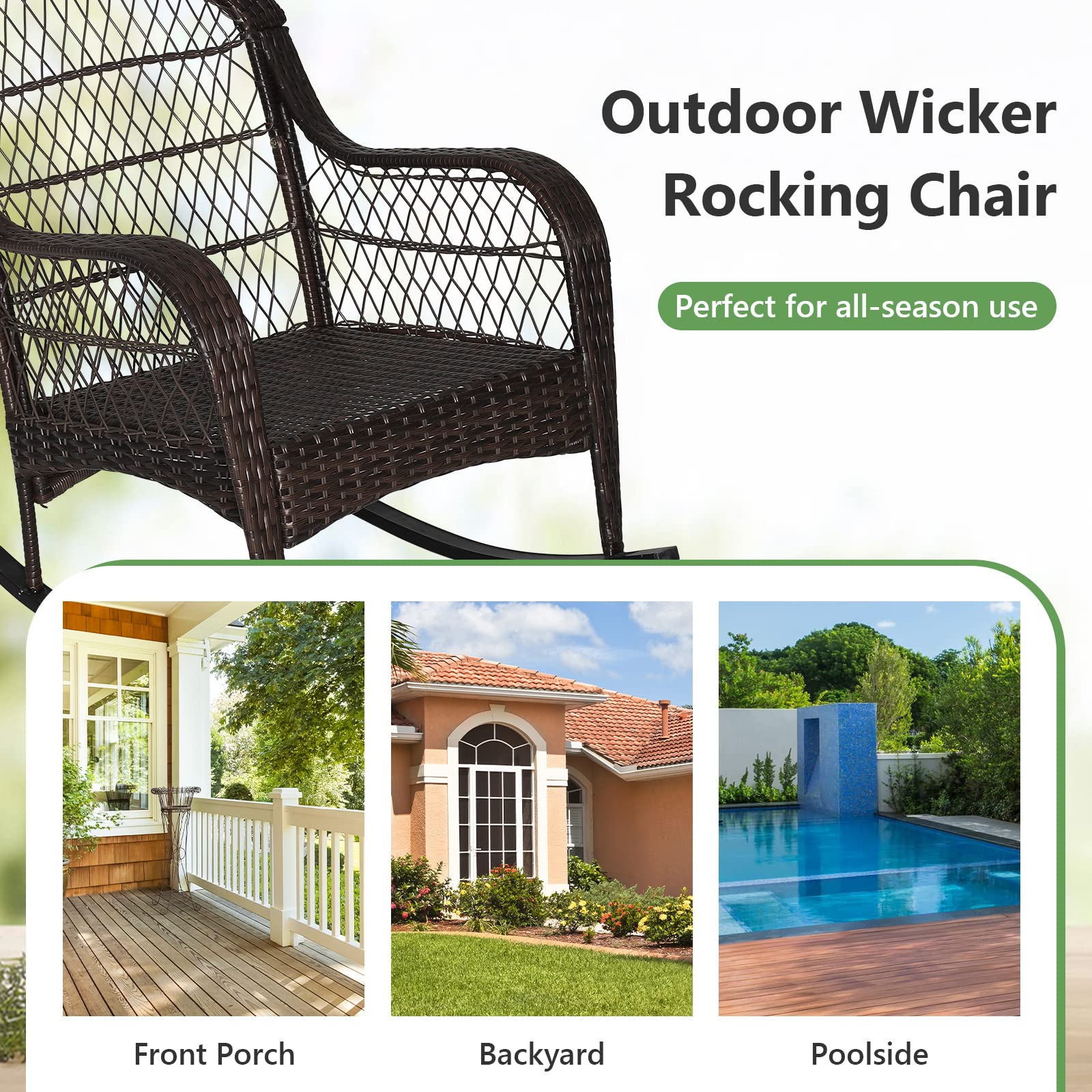 MEDIMALL Outdoor Wicker Rocking Chair with Lumbar Support - Patio Rattan Rocker with Padded Seat & Back Cushions - Durable Metal Frame - Mix Brown Wicker Furniture for Balcony, Porch, Deck, Backyard (Off White) - Perfect for Relaxing, Reading & Enjoying Outdoor Spaces