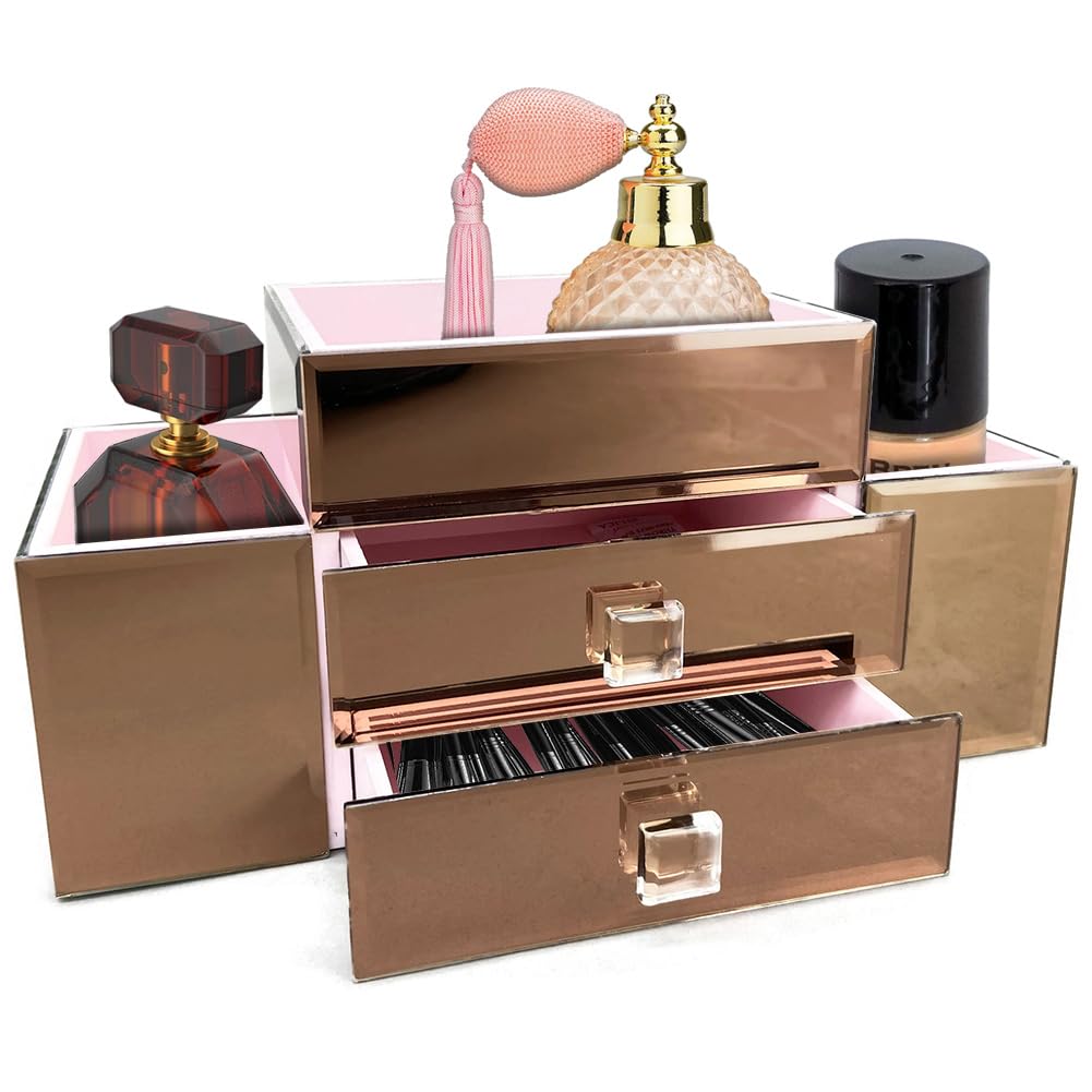 Emma 2 Drawer Tiered Mirrored Glass Makeup & Jewelry Organizer - Rose Gold Vanity Tray with Mirror for Bedroom Dresser & Bathroom Countertop Organization