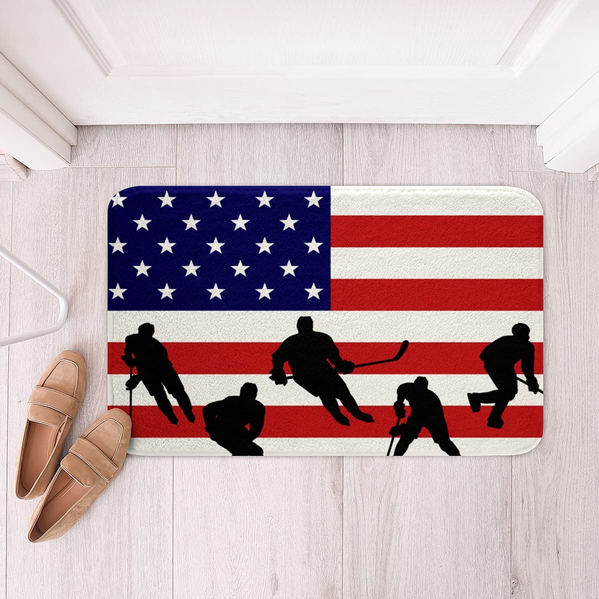 American Flag Bath Mats - Non-Slip Plush Bathroom Rug for Bathtub, Water Absorbent Red White and Blue Hockey Themed Decor, 20x32 Inch - Perfect for Winter Sports Fans, Patriotic Bathroom Decor & Game Day Parties