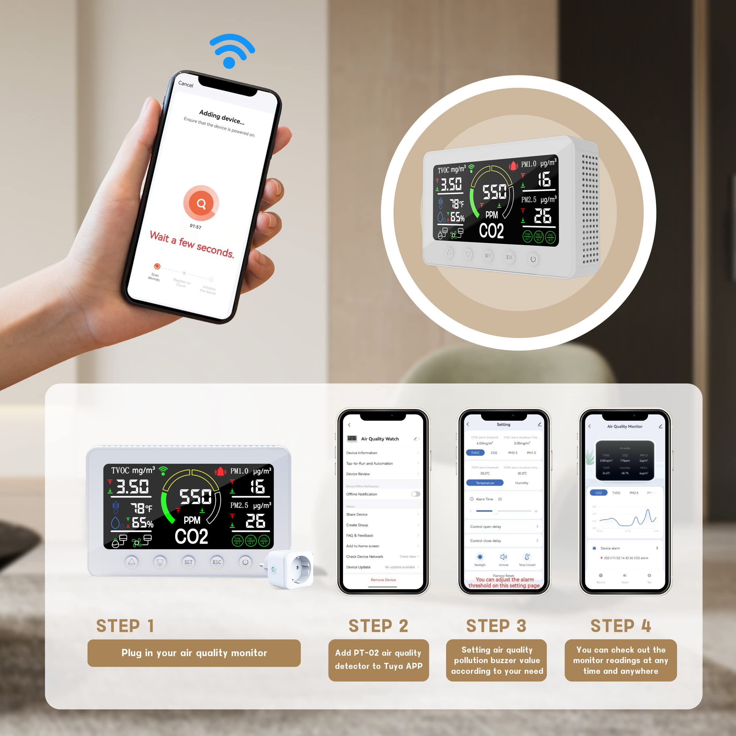 Smart Air Quality Monitor - Indoor CO2, PM2.5, PM1.0, TVOC, Temperature & Humidity Detector with Smart App | Home, Office & Baby Room Air Purifier Companion