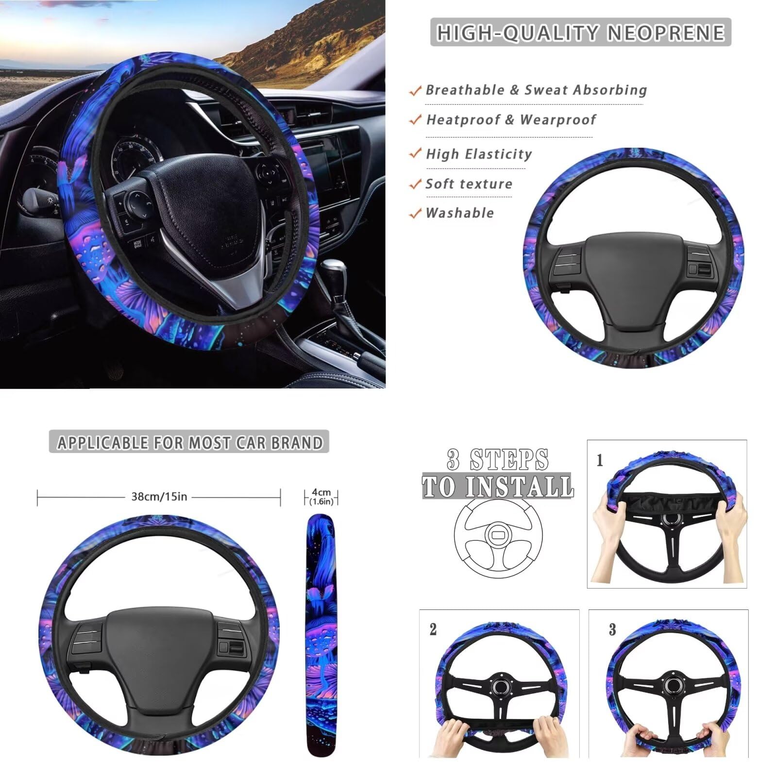 Universal Mushroom Car Seat Cover Set - Front & Rear Bench Bucket Seat Protector with Steering Wheel Cover, Seatbelt Strap Cover, Auto Coasters & Keychains - Trippy Galaxy Purple Blue Design - Perfect for Road Trips & Daily Commute
