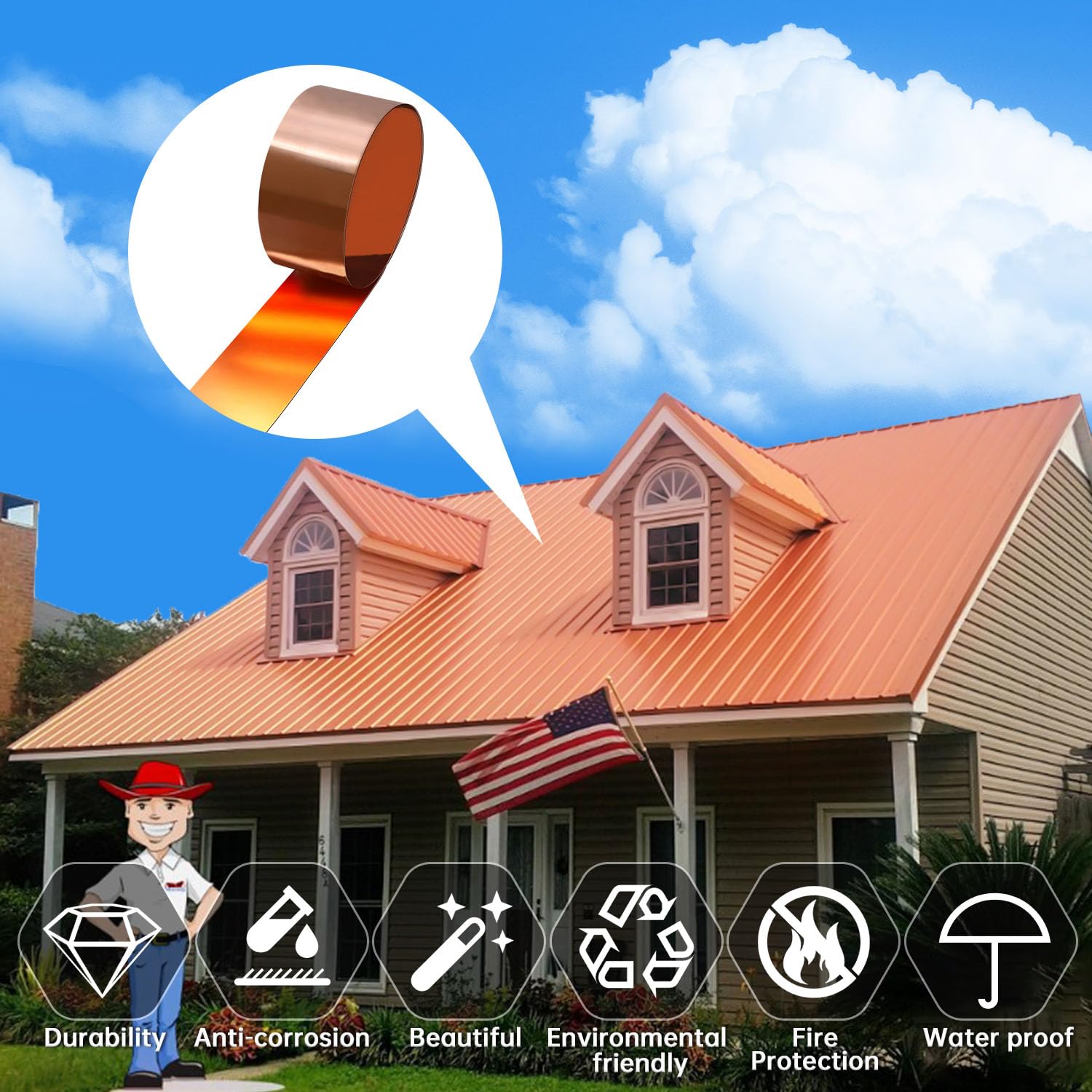 Premium Copper Sheet Roll 1000x200x0.4mm (40x8x0.016 inches) - Heavy Duty Copper Flashing for Roofing, Gutters, HVAC & DIY Crafts - Ideal for Home Repair, Metalworking & Art Projects