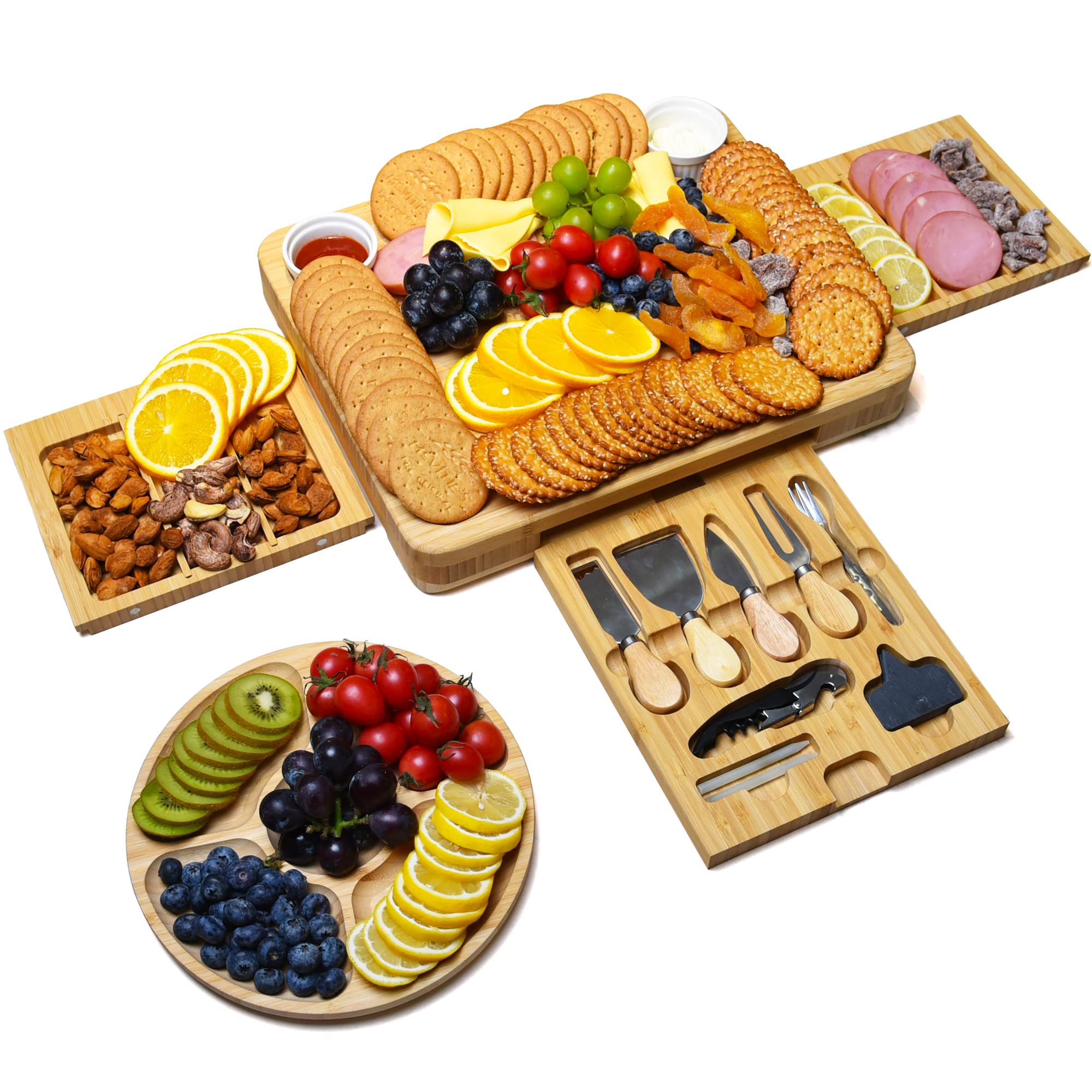Premium Bamboo Charcuterie Board Set with Knives - Large Wooden Cheese Platter for Entertaining, Housewarming Gifts, Wedding Registry & Birthday Presents - Perfect for Wine Parties, Charcuterie Nights & Holiday Gatherings