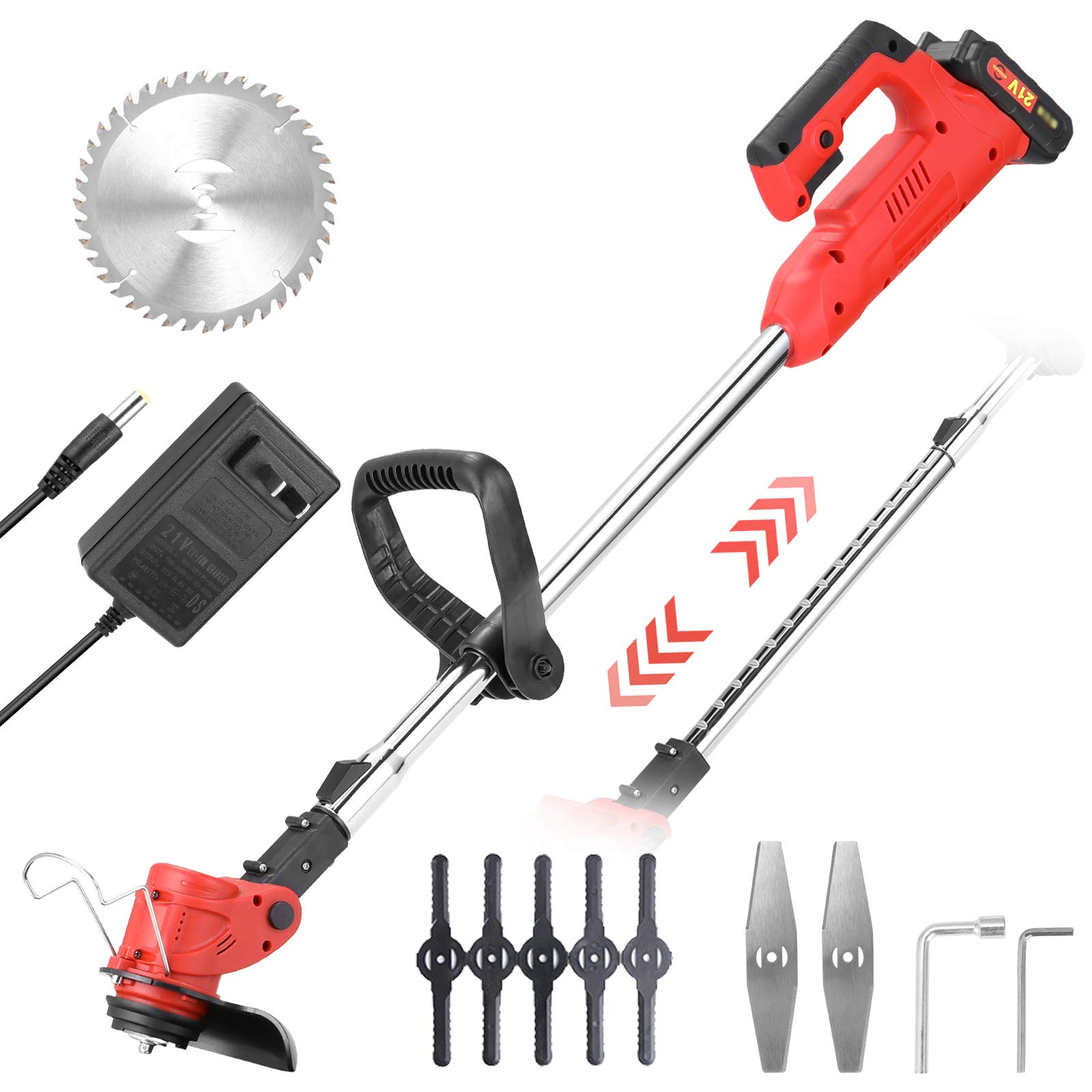 24V Cordless String Trimmer with 2000mAh Lithium Battery - Electric Grass Edger & Lawn Mower - Replaceable Cutter Blades (Red) - Perfect for Yard Maintenance, Lawn Edging and Weed Control