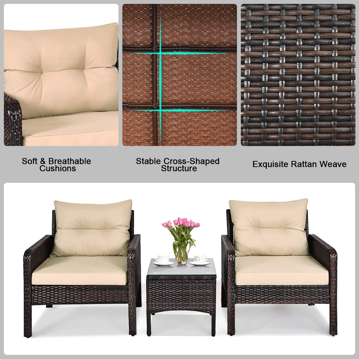 **HAPPYGRILL 3-Piece Outdoor Patio Furniture Set - Rattan Wicker Coffee Table & Chairs with Cushions - Perfect for Garden, Balcony, Backyard, Poolside & Outdoor Relaxation**