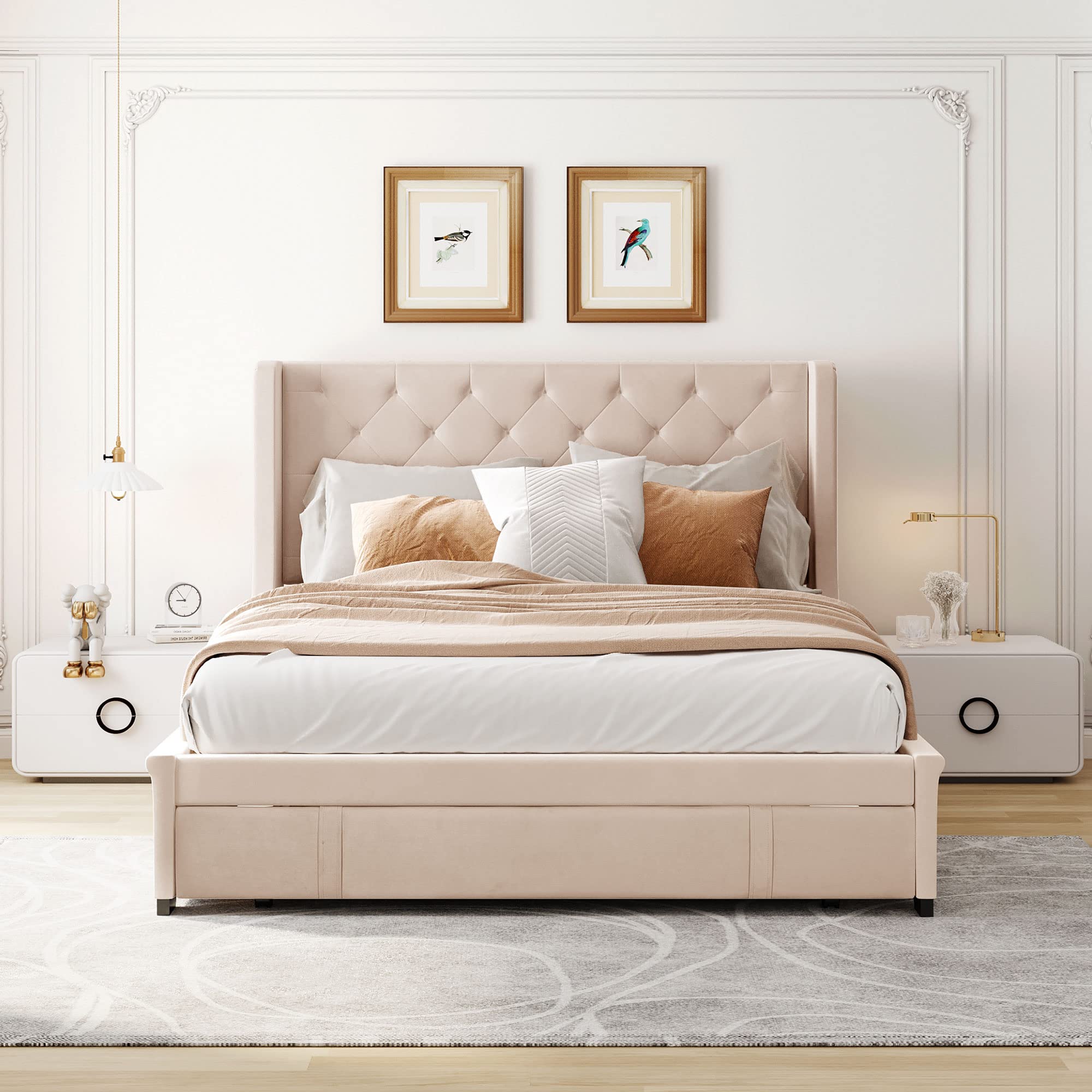 Merax Queen Size Storage Bed with Drawer - Velvet Upholstered Platform Bed Frame with Wingback Headboard & Wooden Slat Support | Beige Bedroom Furniture for Small Spaces & Guest Rooms